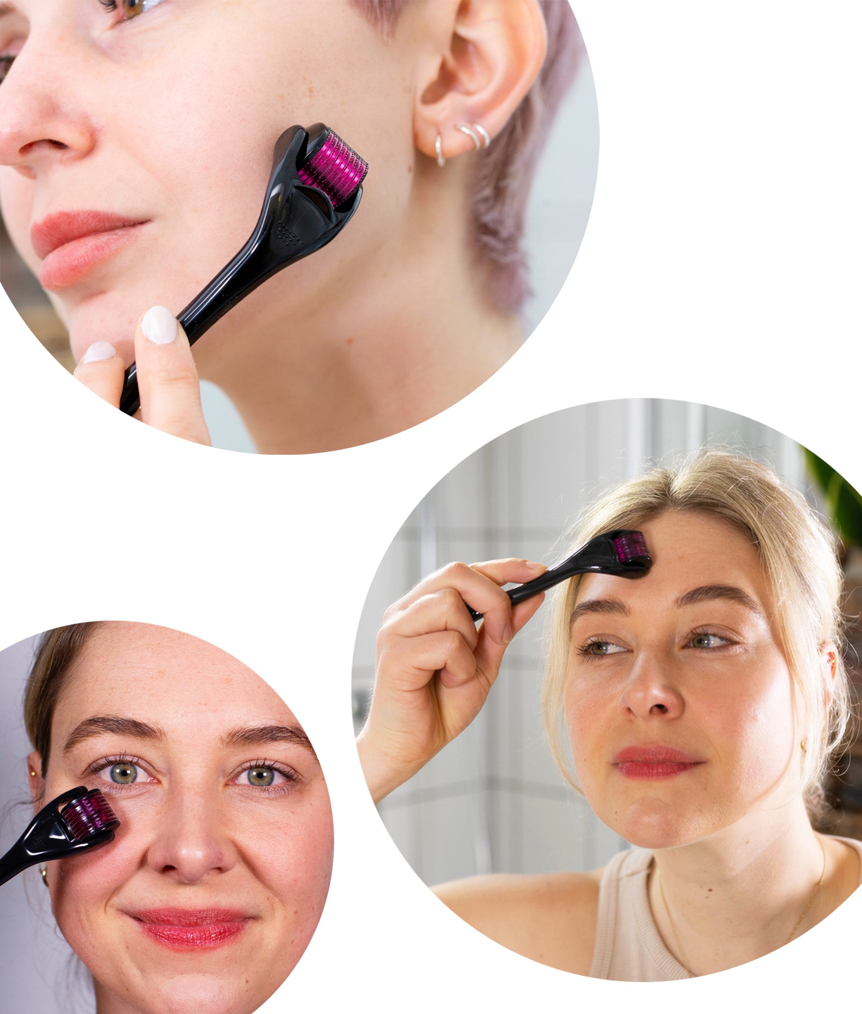 banner zeigt Dermaroller für das Gesicht bei der Microneedling Anwendung an Wange / Bäckchen, Stirn und an der Augenpartie.