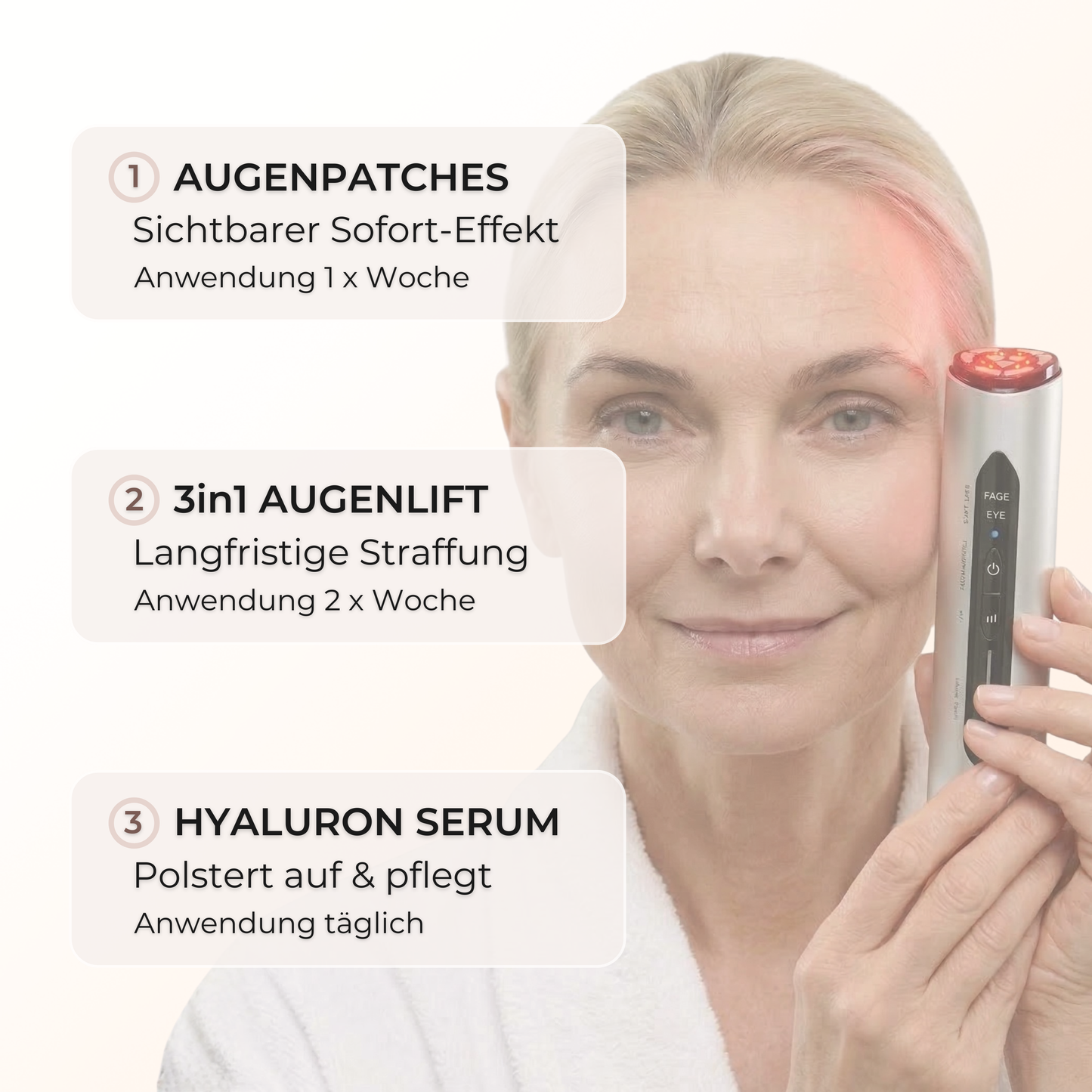 Augenroutine mit Augenpatches, Device und Hyaluron Serum gegen Fältchen, Schwellungen und müde Augen