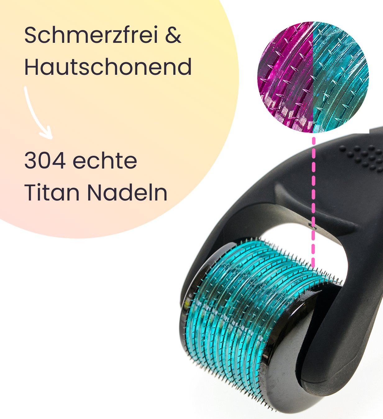 Dermaroller Bundle von SkinGlowUp in der Nahaufnahme, zu sehen die über 300 echten Nadeln aus Titan mit denen der Haut beim Microneedling kleinste Verletzungen hinzugefügt werden.