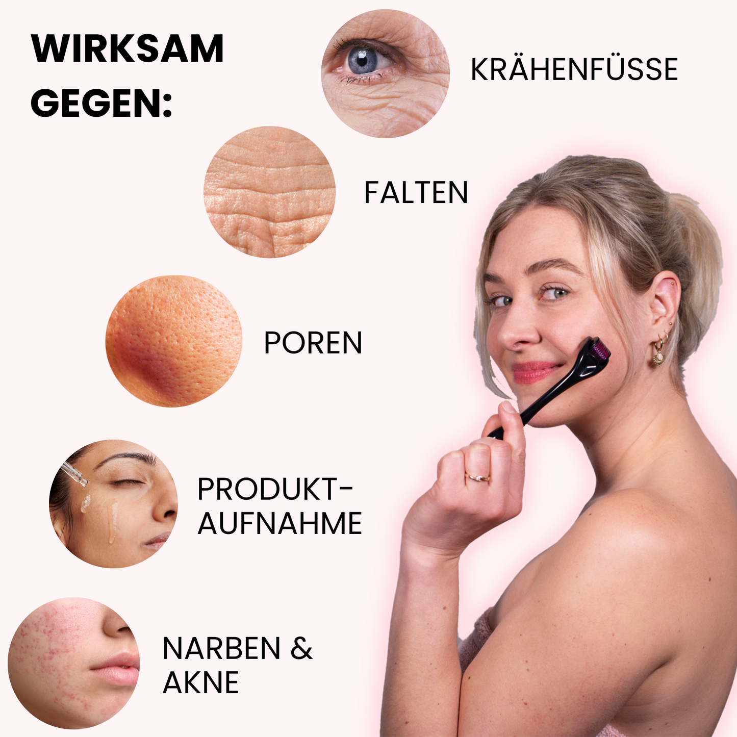 Die positiven Effekte des Dermaroller Sets von Skinglowup in einer Grafik, weniger Falten, kleinere Poren, bessere Produktaufnahme und wirksam gegen Akne Narben