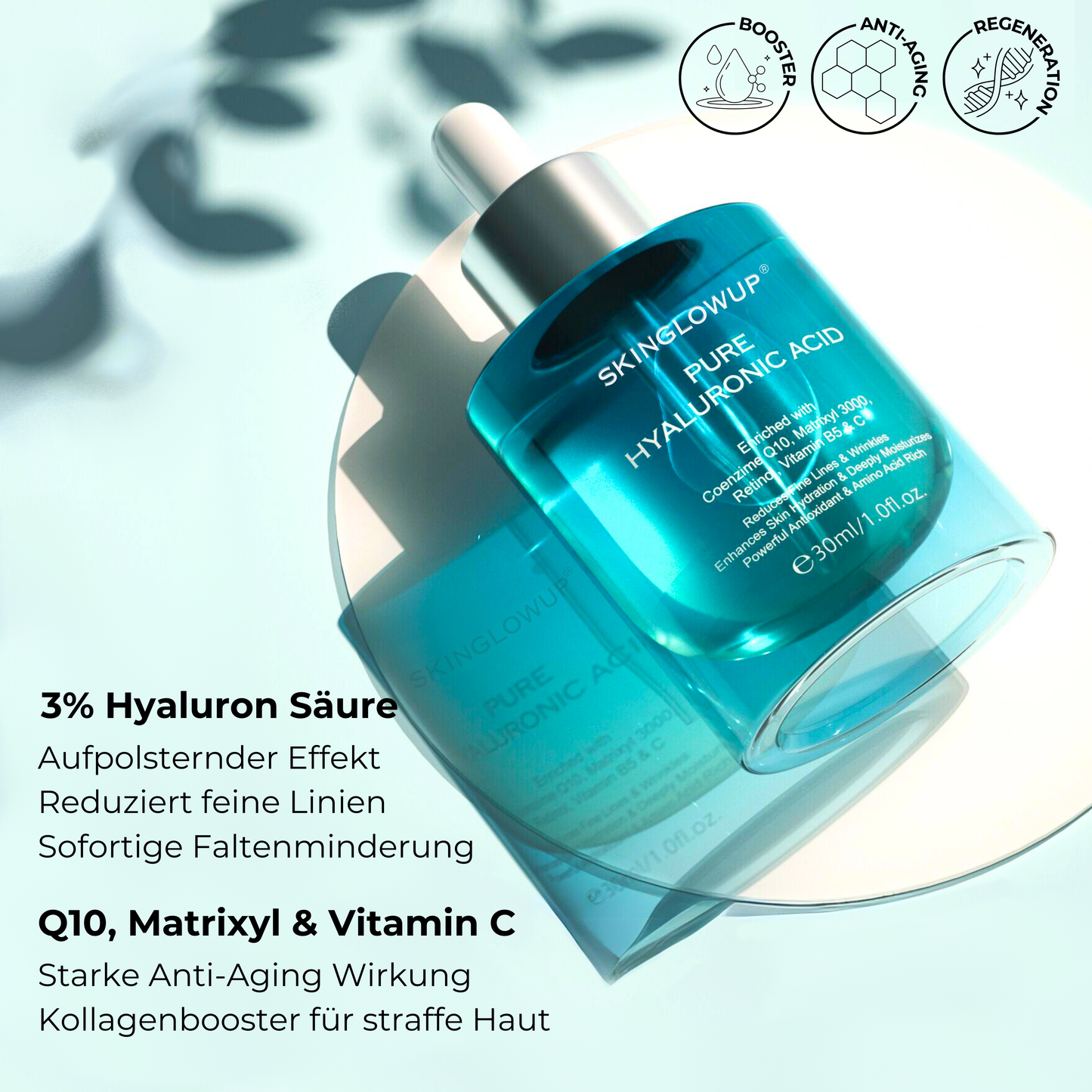 Inhaltsstoffe des Hyaluron Serums für Feuchtigkeit und Straffheit, inklusive Hyaluronsäure und Niacinamide.