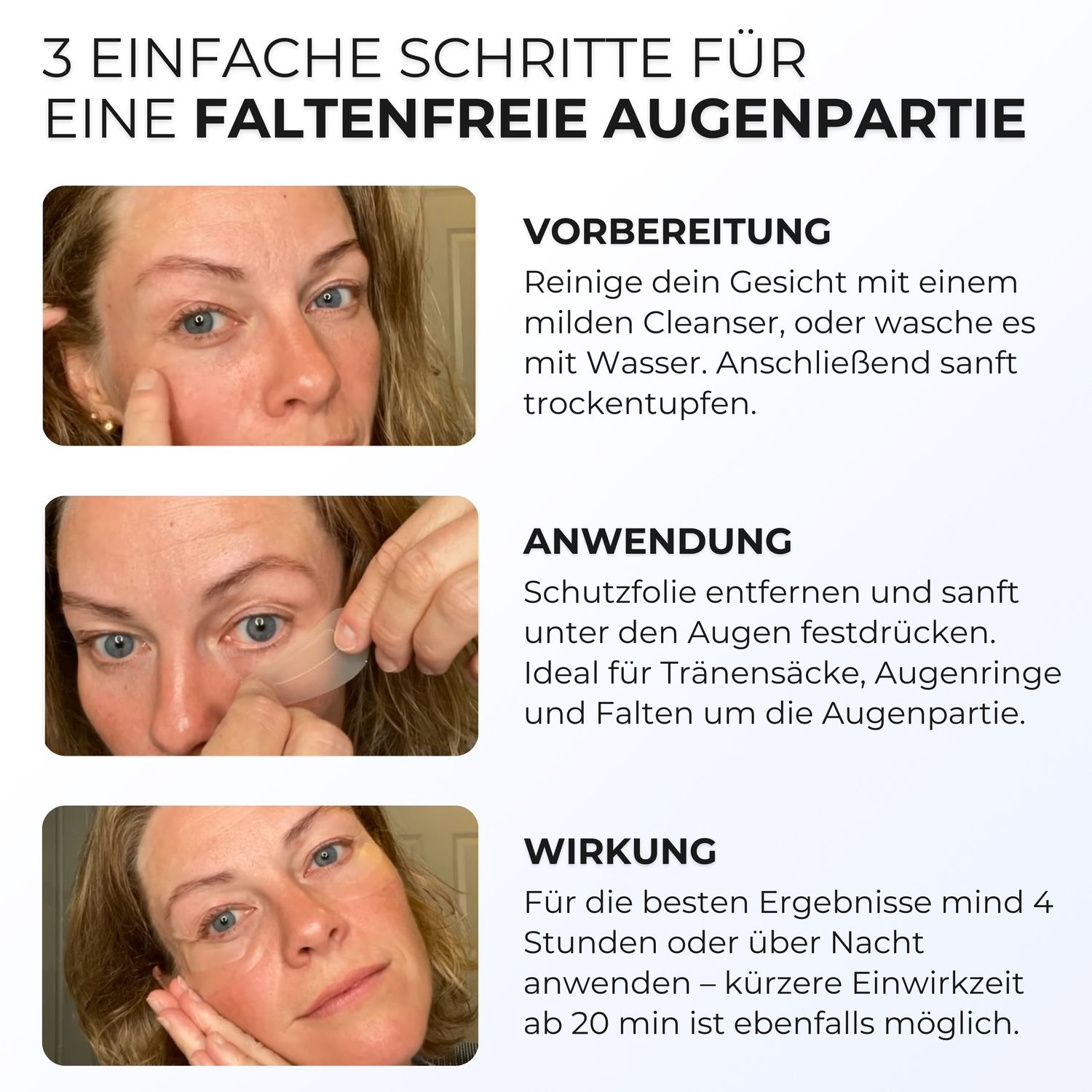 Anwendung der Microneedle Patches in 3 Schritten – Vorbereitung, Auflegen unter den Augen, Wirkung nach 20 Minuten