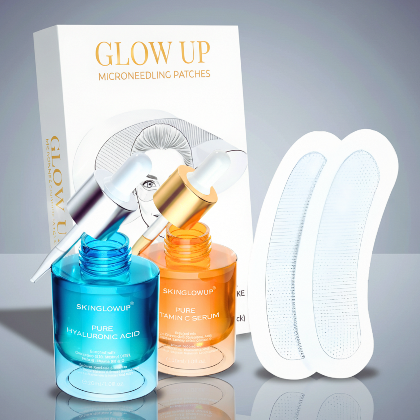 Glow Up Microneedle Eye Patches mit Hyaluron Serum und Vitamin C Serum für strahlende Augenpartie