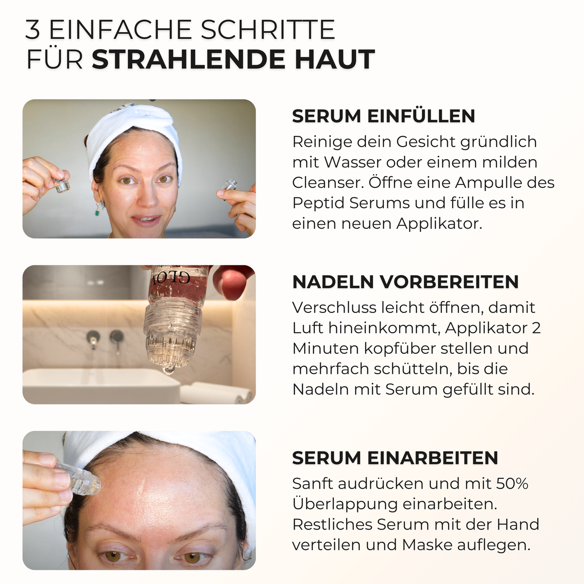 Micro Infusion Set Anwendung in 3 Schritten – Serum einfüllen, Nadeln vorbereiten, Serum sanft einarbeiten für strahlende Haut