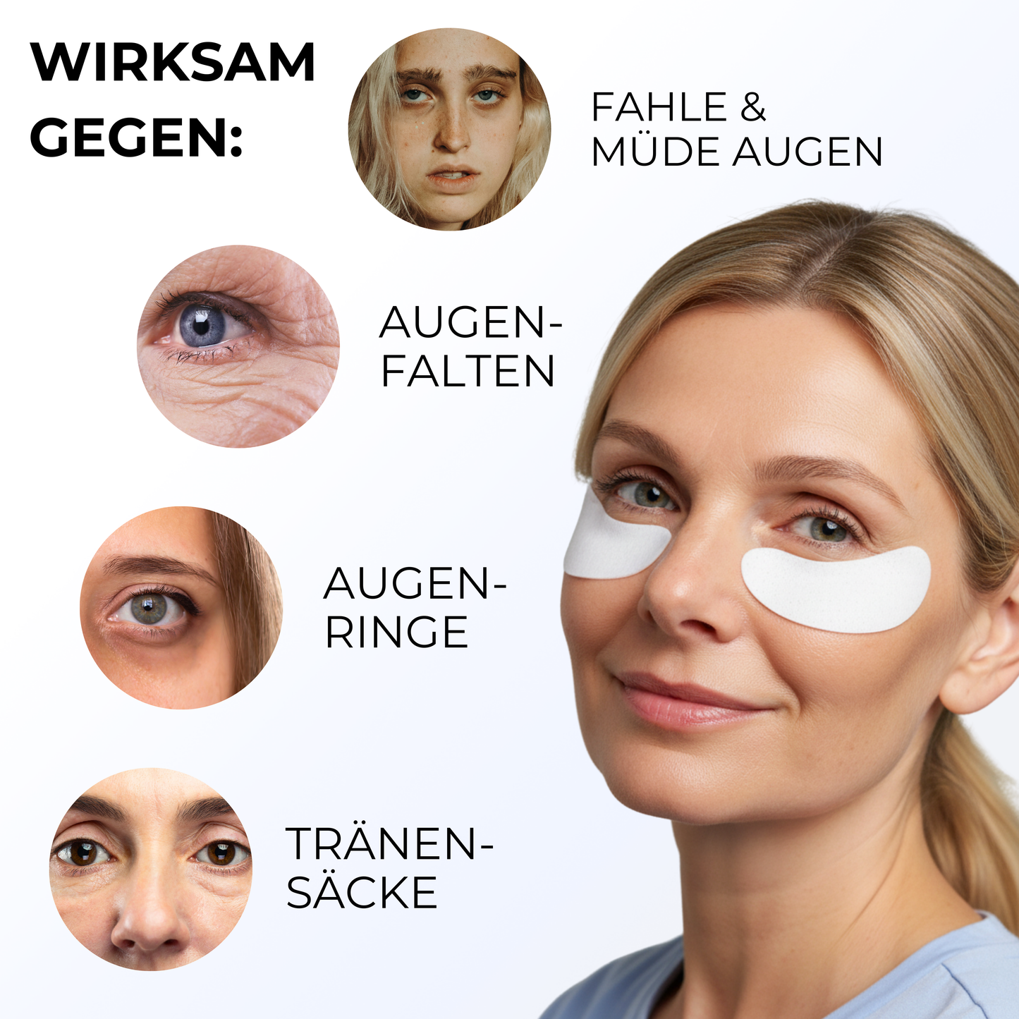 Eine Übersichtsgrafik mit den Anwendungsgebieten der SkinGlowUp Microneedling Augen Patches - wirksam gegen müde Augen, Augenfalten, Augenringe und Tränensäcke