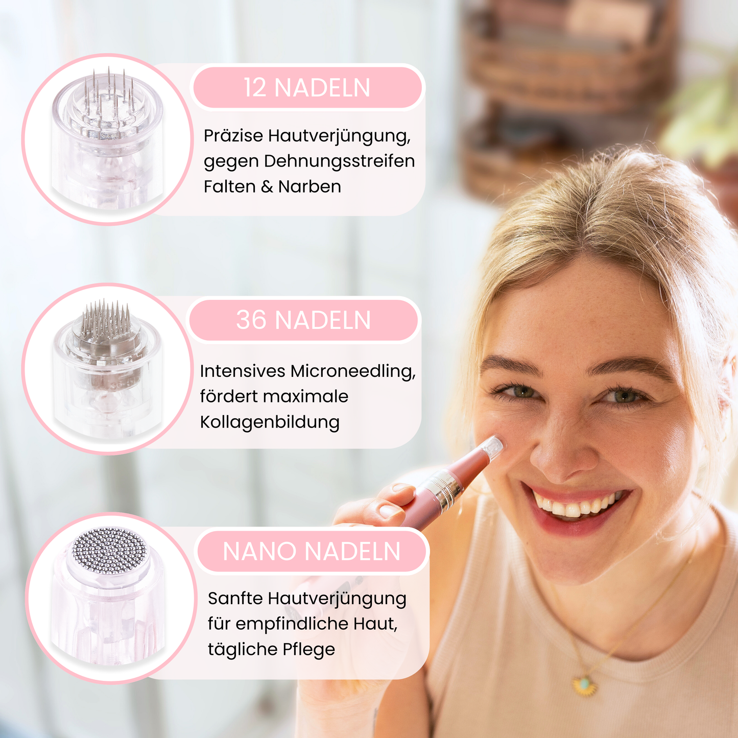 Vergleich der Microneedling Nadelköpfe von SkinGlowUp: Nano Nadeln für empfindliche Haut und tägliche Pflege, 12er Nadeln gegen Falten, Narben und Dehnungsstreifen, 36er Nadeln für intensives Microneedling und maximale Kollagenbildung.