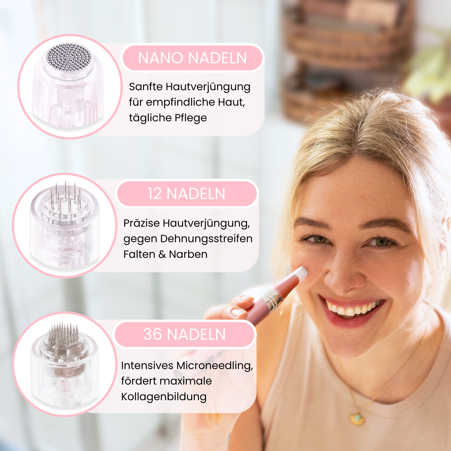 Vergleich der Microneedling Nadelköpfe von SkinGlowUp: Nano Nadeln für empfindliche Haut und tägliche Pflege, 12er Nadeln gegen Falten, Narben und Dehnungsstreifen, 36er Nadeln für intensives Microneedling und maximale Kollagenbildung.