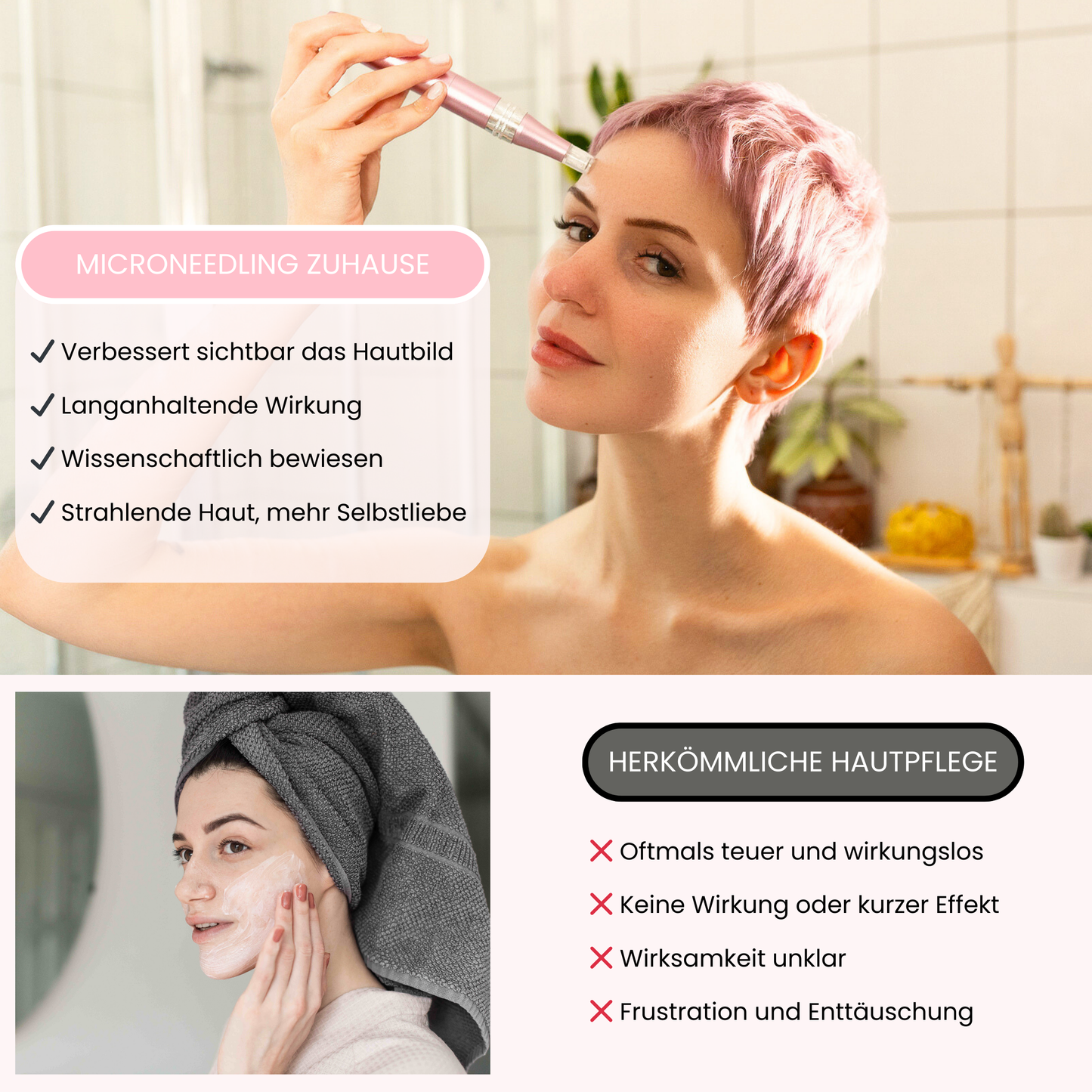 Ein Vergleich zwischen den Vorteilen von Microneedling und der Wirksamkeit traditoneller Hautpflege wie Seren, Cremes und Salben. Eine Frau benutzt den Dermapen für Microneedling von SkinGlowUp und ist dabei zuhause im Badezimmer.