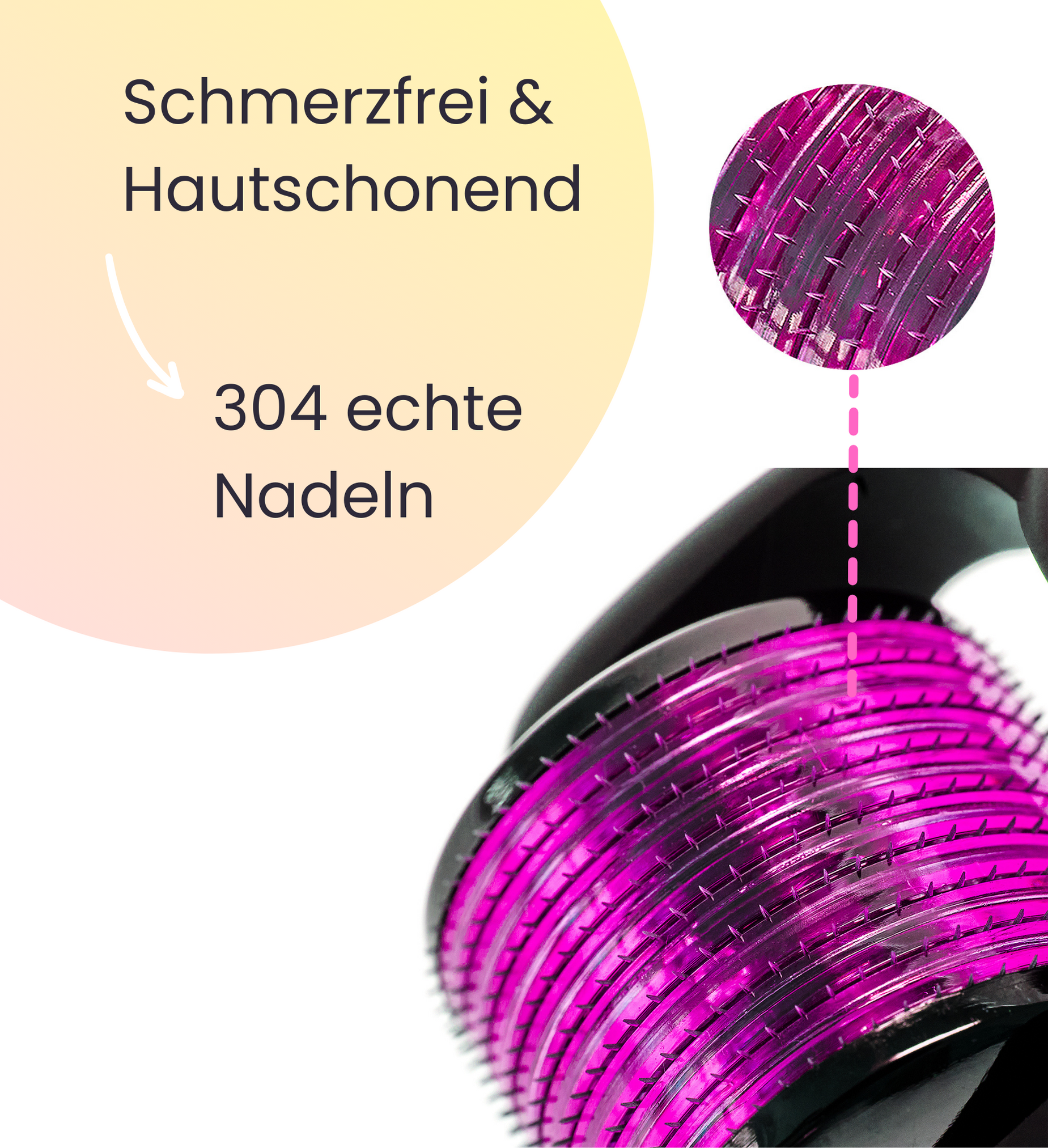 Dermaroller mit über 300 echten Nadeln aus Titan für die Microneedling Anti Aging Therapie. Durch die Mirkonadeln werden kleine Wundkanäle in die Haut perforiert, was die natürliche Zellregeneration und Reparaturprozesse der Haut anregt.