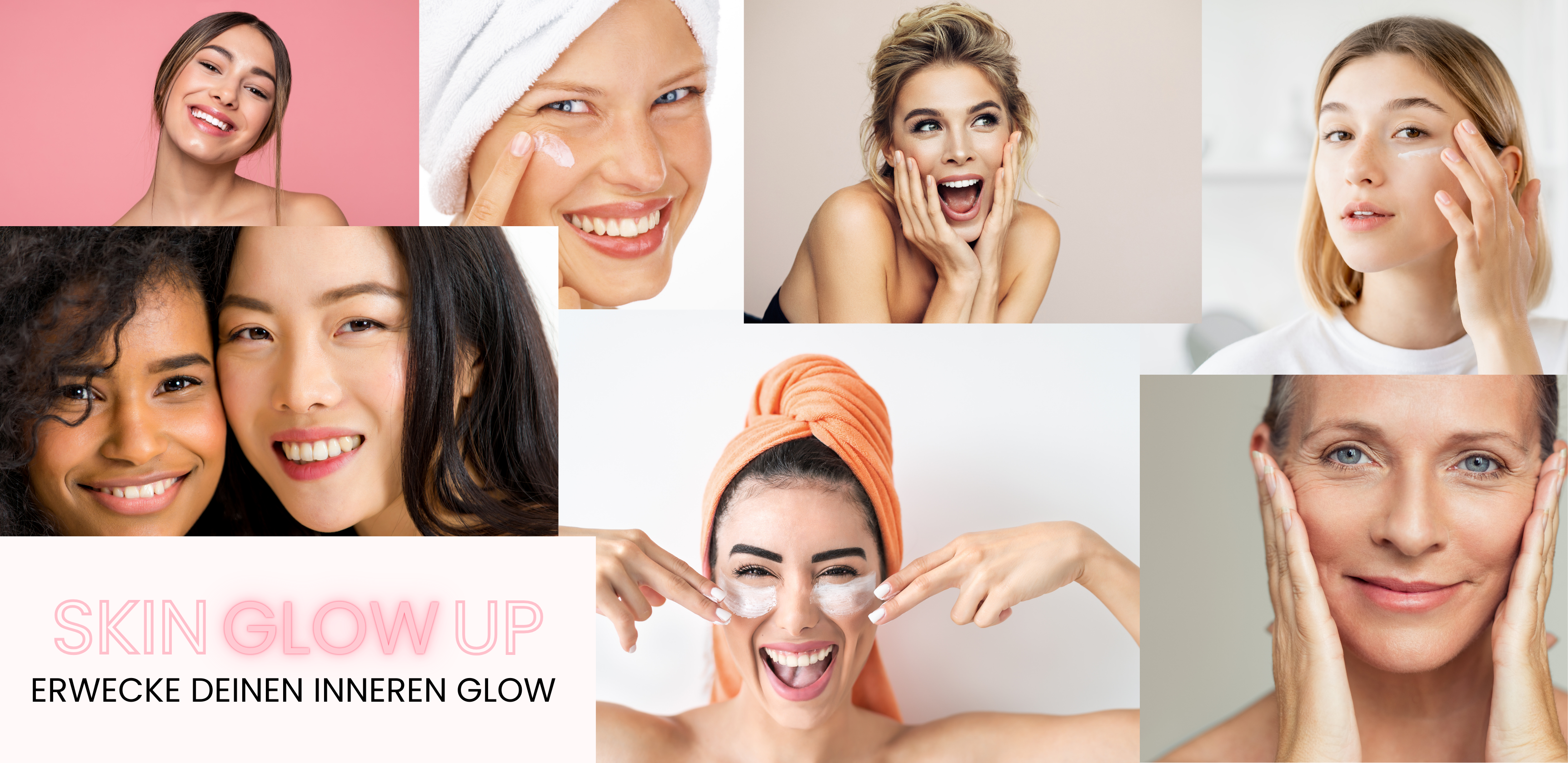 Ein Banner mit glücklichen Kundinnen von Skinglowup die durch Microneedling ihre Haut verjüngt haben und diese Anti Aging Therapie für zuhause weiterempfehlen.