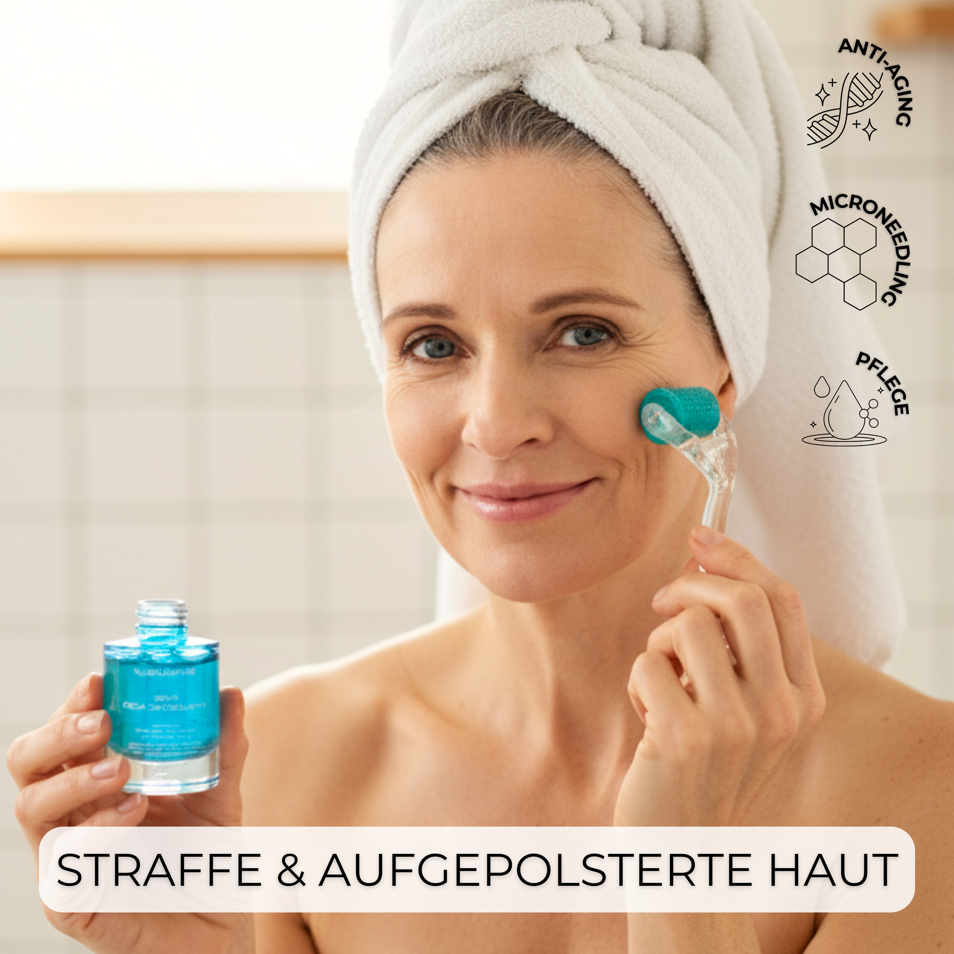 Hyaluron Serum für Microneedling zuhause wird mit einem Dermaroller im Gesicht angewendet