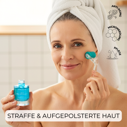 Hyaluron Serum für Microneedling zuhause wird mit einem Dermaroller im Gesicht angewendet