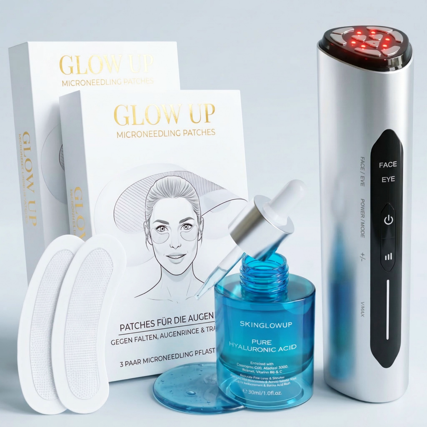 Set gegen Augenfalten und Schwellungen mit Augenpatches, Beauty-Device und Hyaluron Serum für eine wacher wirkende Augenpartie