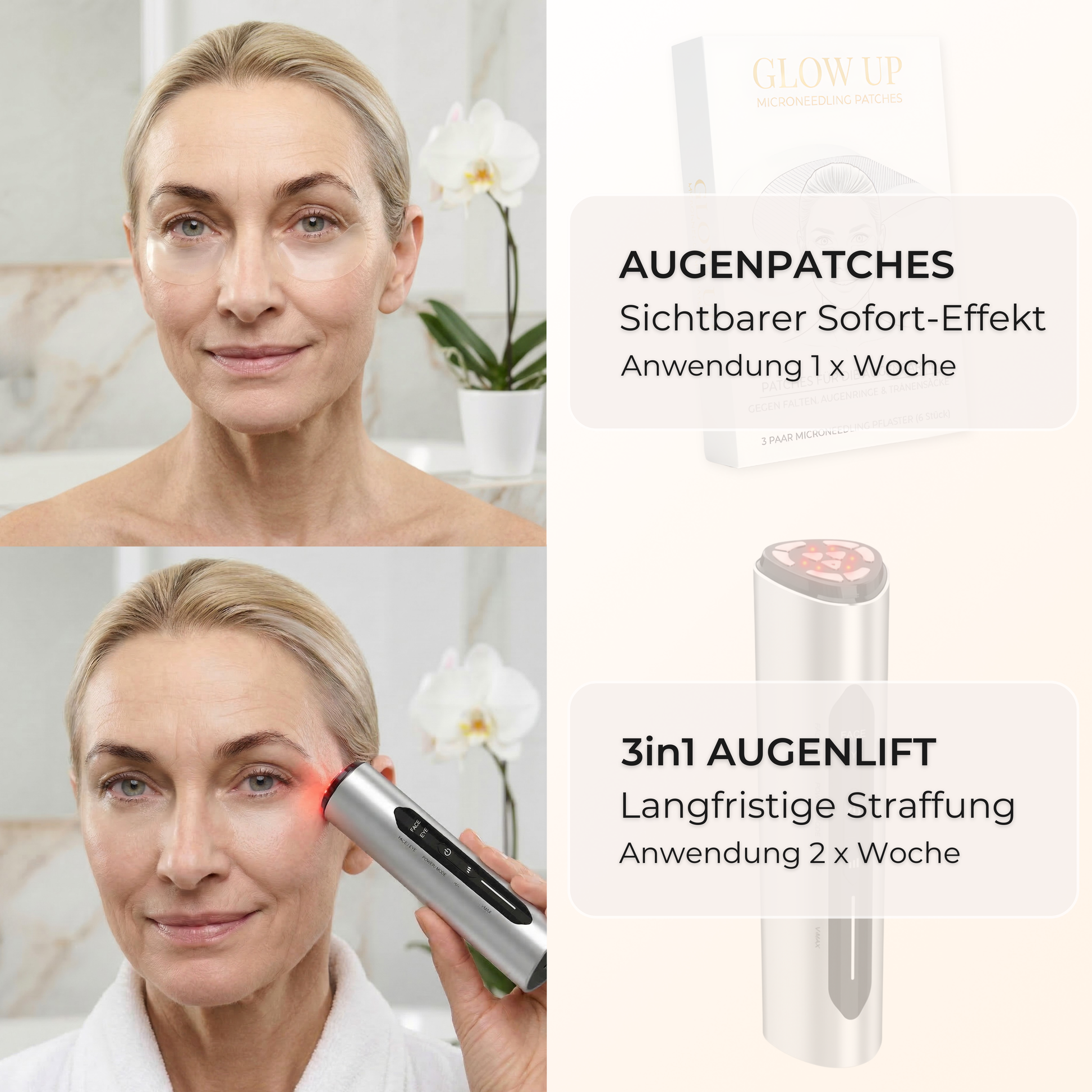 Augenpatches und Beauty-Device als Routine gegen Augenfalten, Schwellungen und müde Augen
