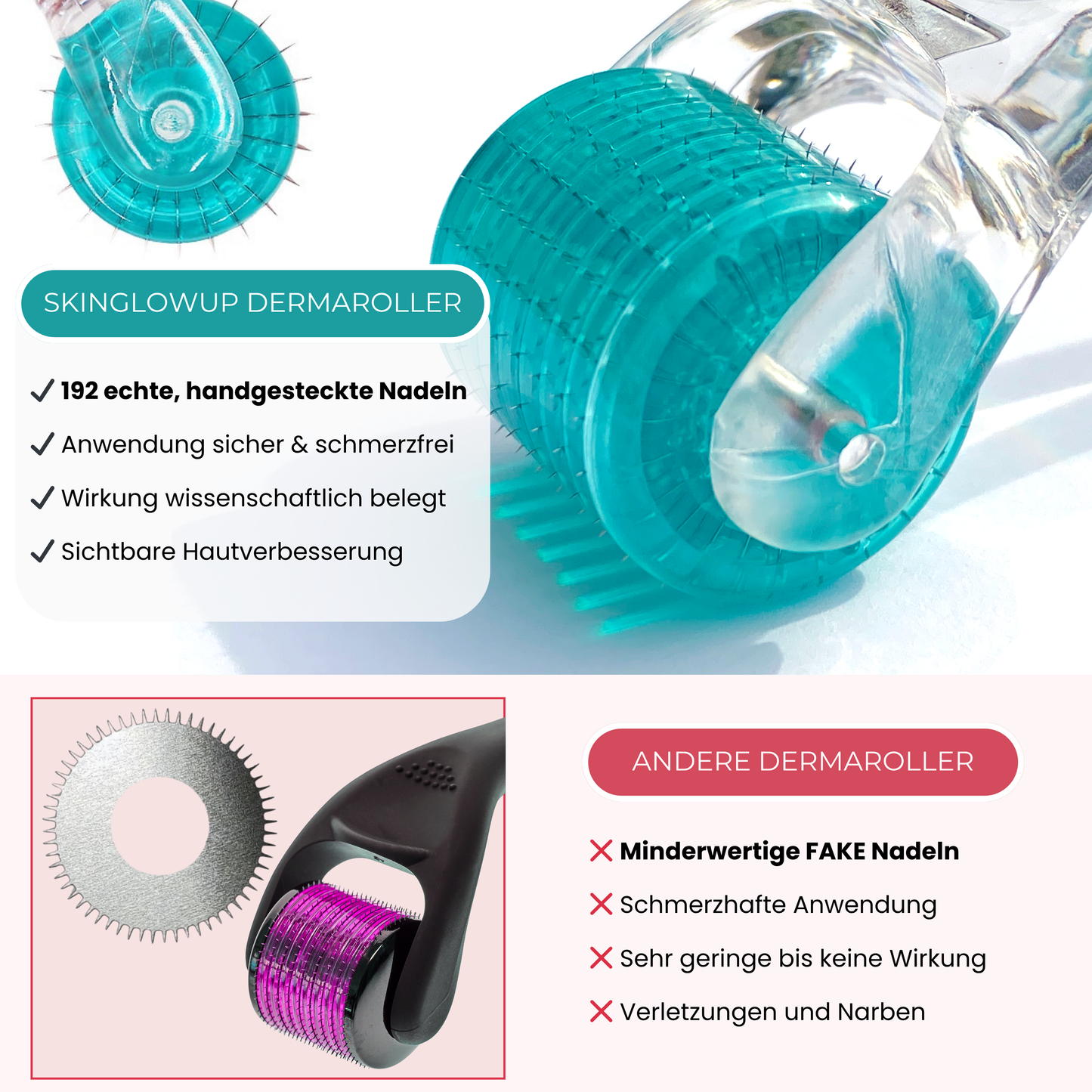 Dermaroller mit handgesteckten Nadeln im Set 0,2mm + 0,5mm ᐅ Für glatte Haut & feine Poren