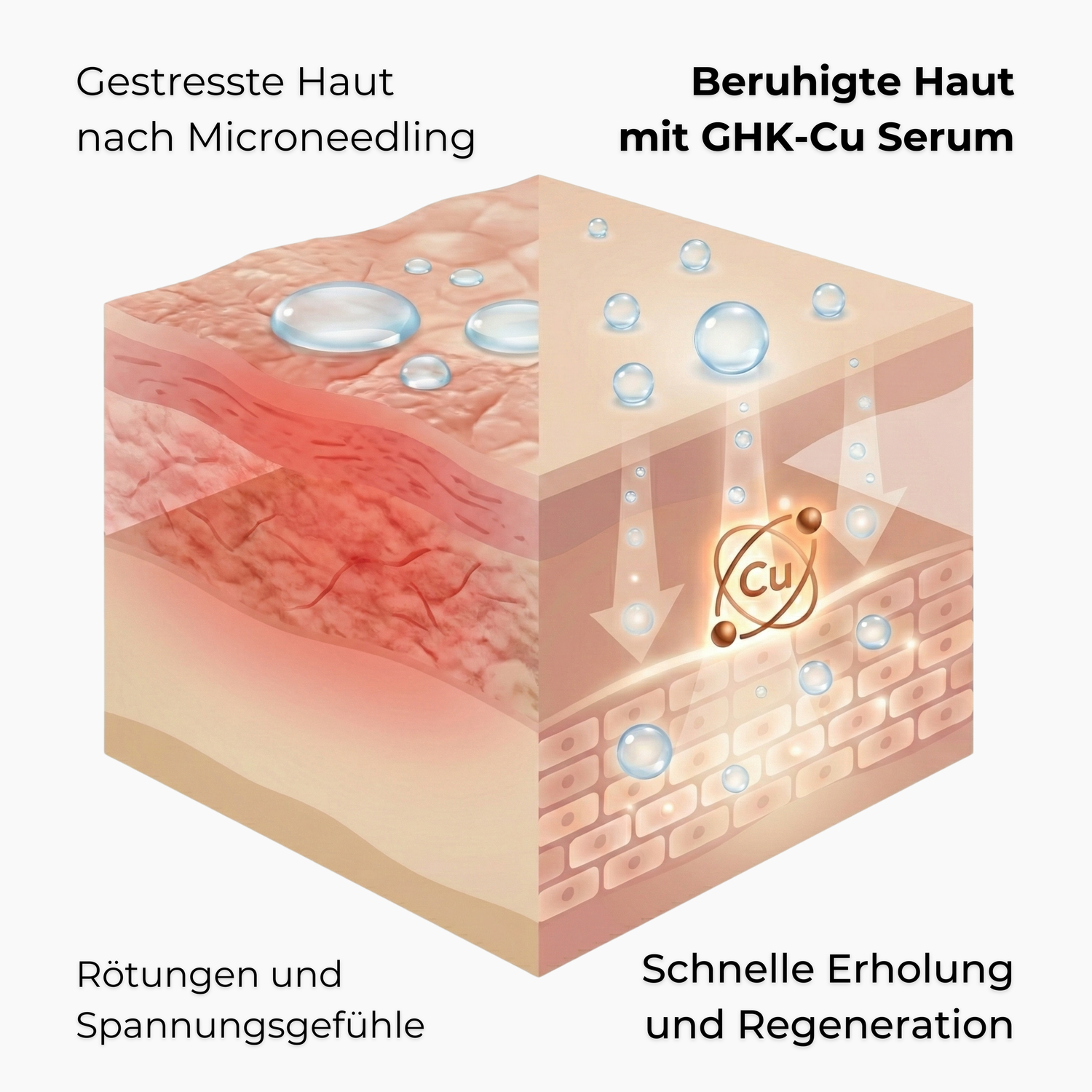 Grafik gestresste Haut nach Microneedling im Vergleich zu beruhigter Haut mit GHK-Cu Kupferpeptid Serum – schnelle Erholung und Regeneration nach Needling