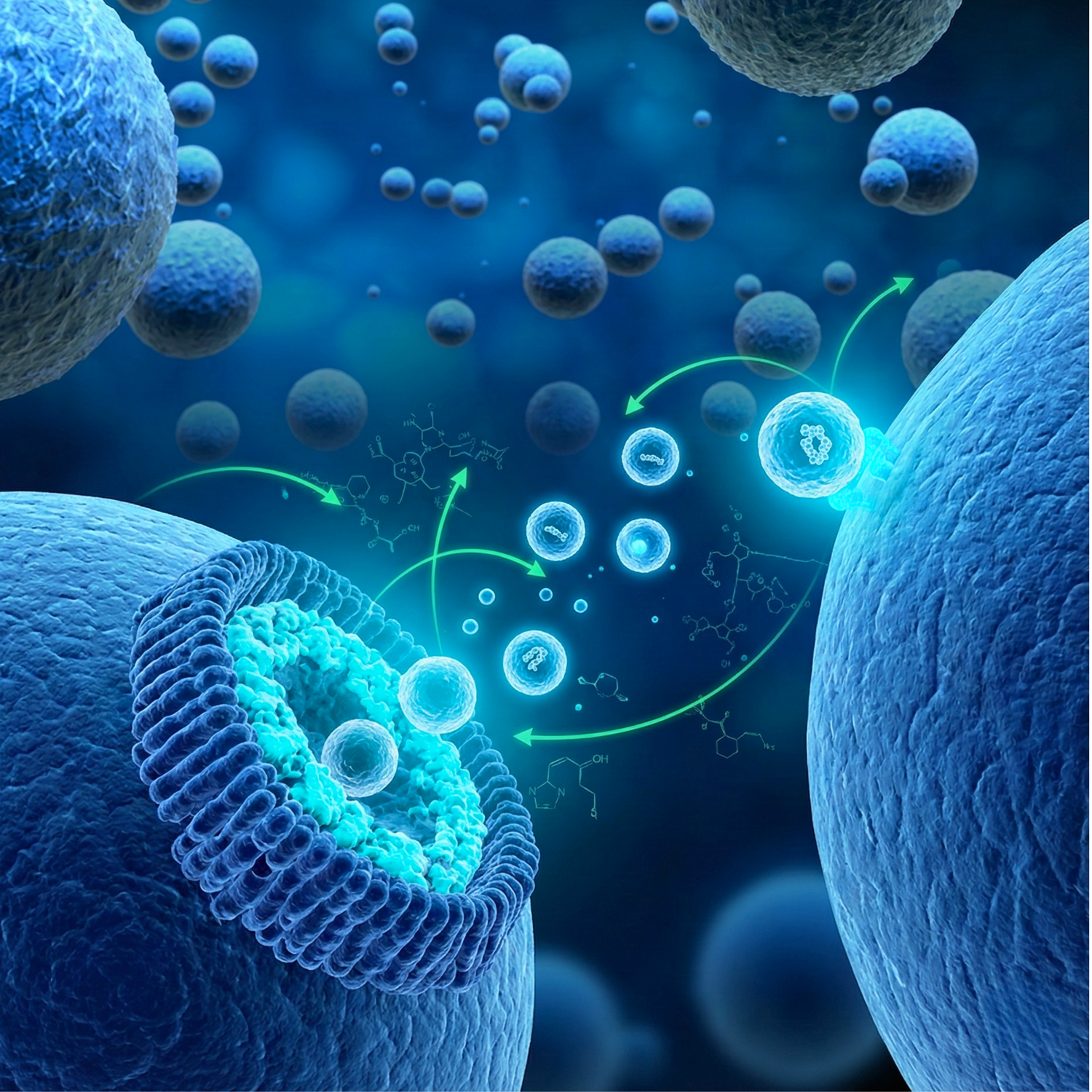 Exosome Technologie Illustration – Exosome vesikel übertragen Signale zwischen Hautzellen für Exosome Microneedling Serum