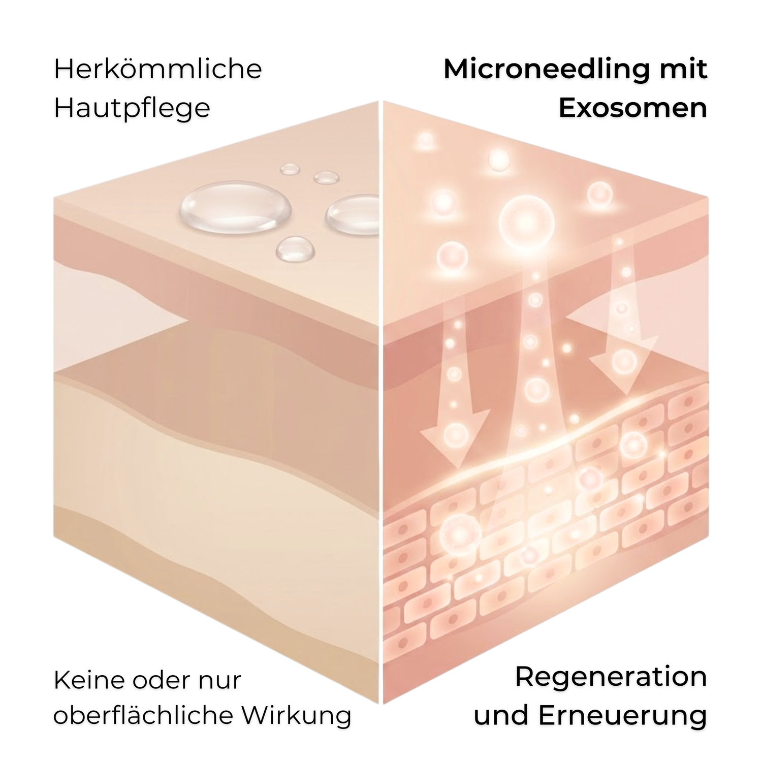 Vergleich herkömmliche Hautpflege und Microneedling mit Exosomen, tiefere Regeneration und Erneuerung der Hautschichten