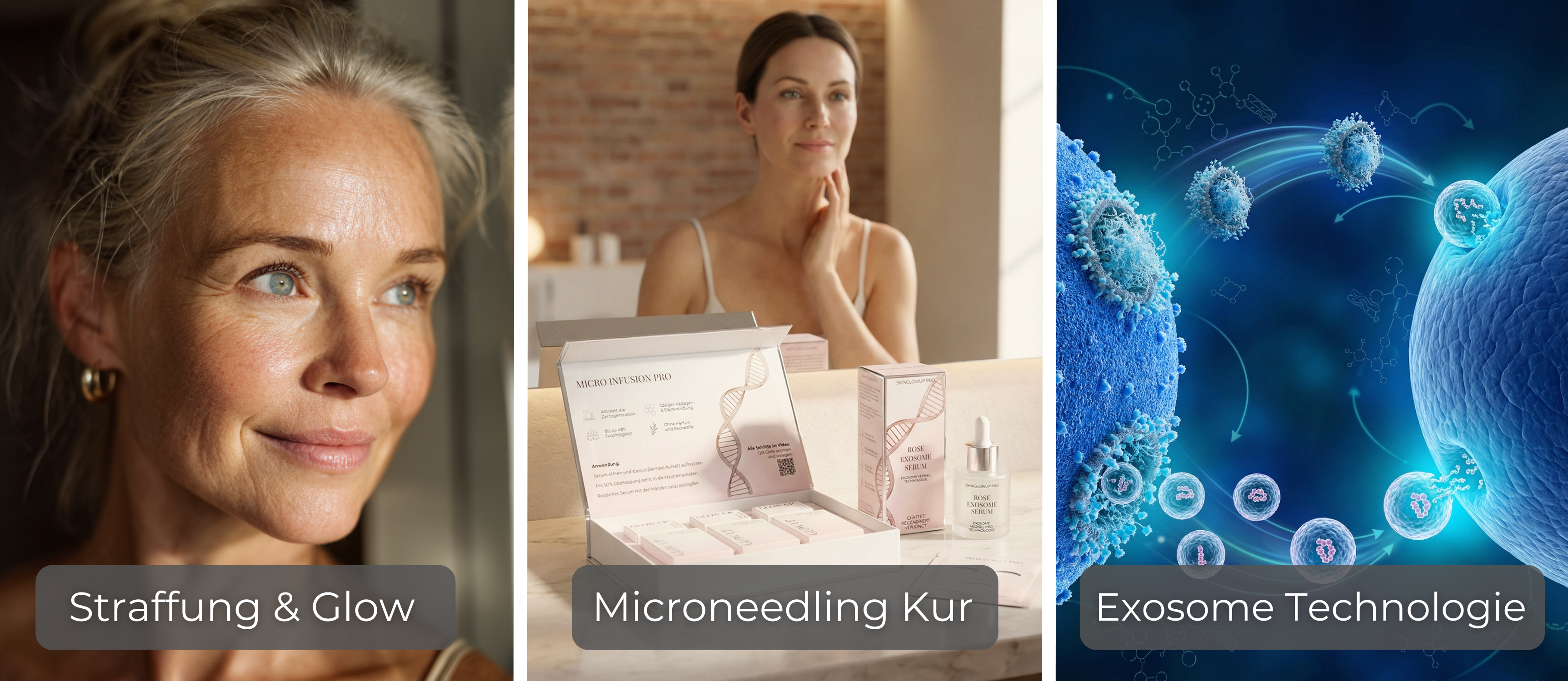 Exosome Microneedling Kur: reife Frau mit straffer Haut, Exosome Serum Set und Exosome Technologie für Straffung und Glow