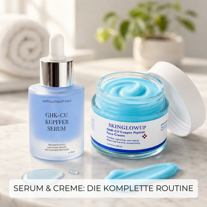GHK-Cu Kupferpeptid Serum und Creme nebeneinander als komplette Pflegeroutine
