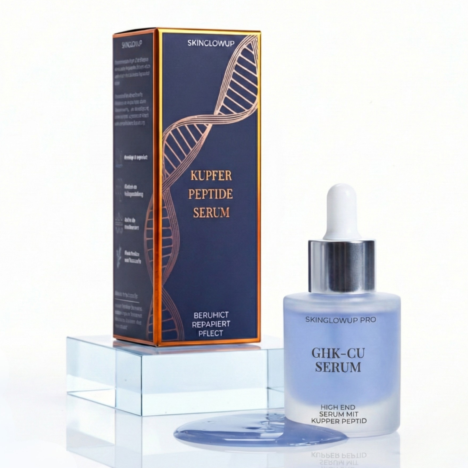 GHK-Cu Kupferpeptid Serum von SkinGlowUp mit Pipette und Verpackung – Premium Pflege für gefestigte und elastische Haut