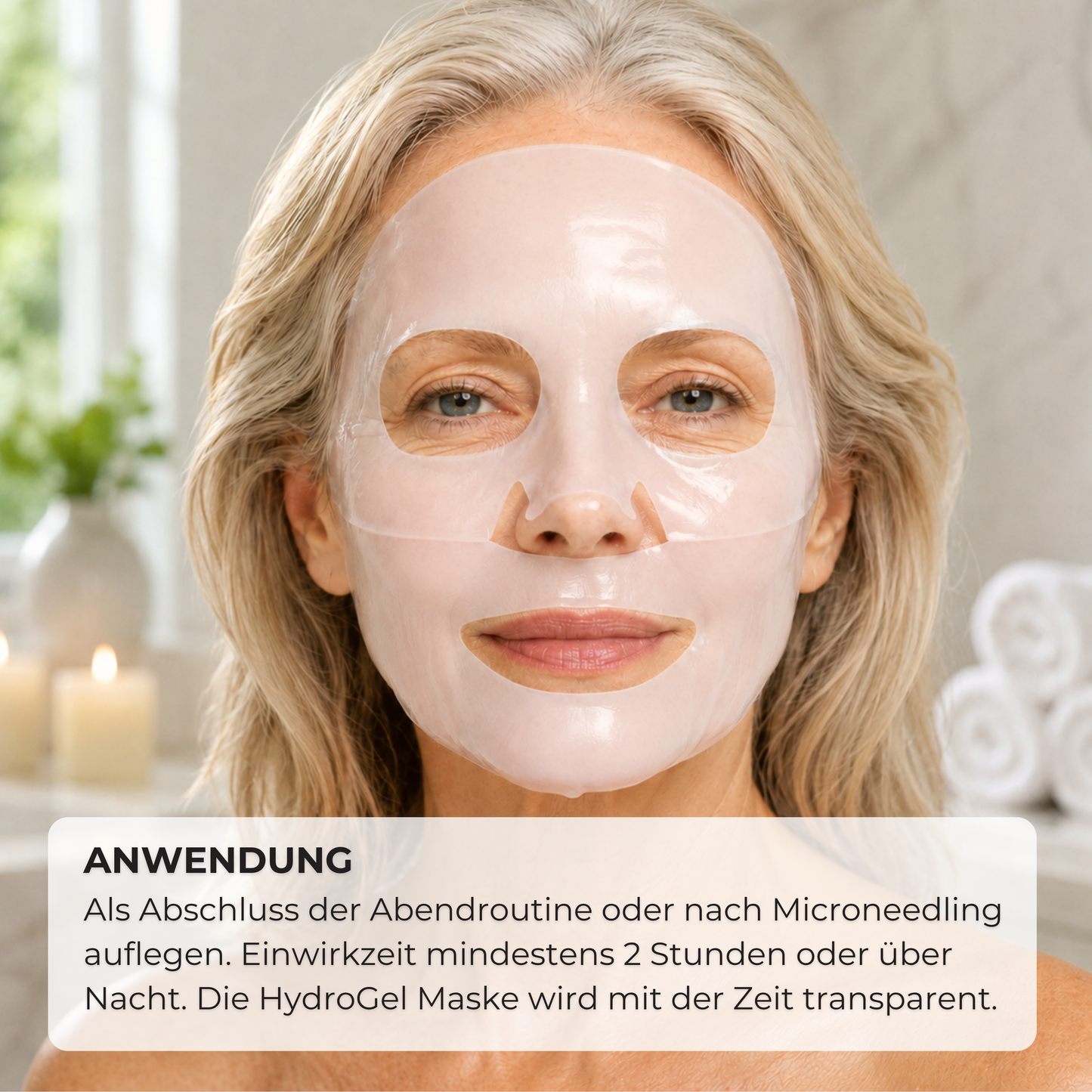 Anwendung der Kollagen Hydrogel Maske über Nacht mit mindestens 3 Stunden Einwirkzeit