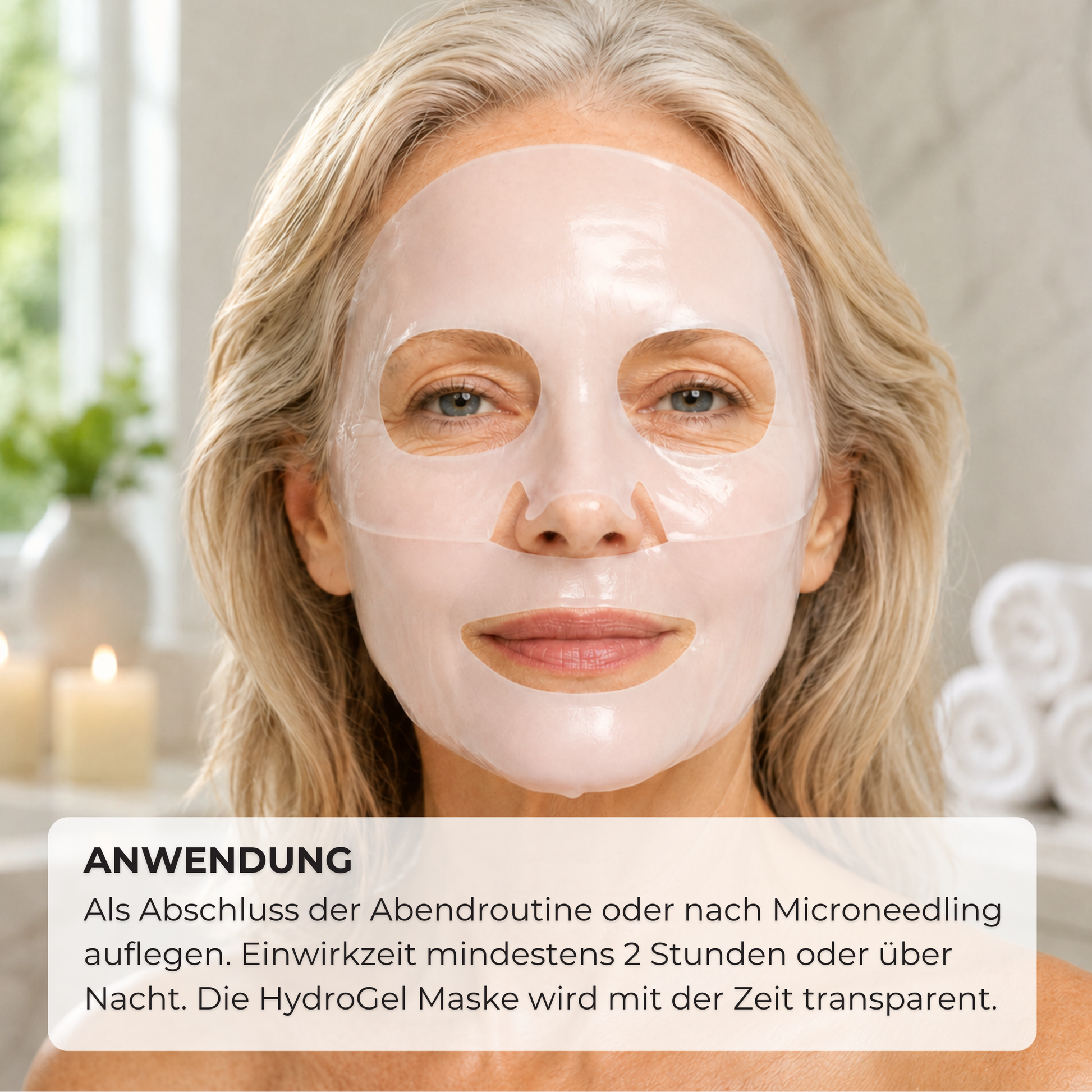 Anwendung der Kollagen Hydrogel Maske über Nacht mit mindestens 3 Stunden Einwirkzeit