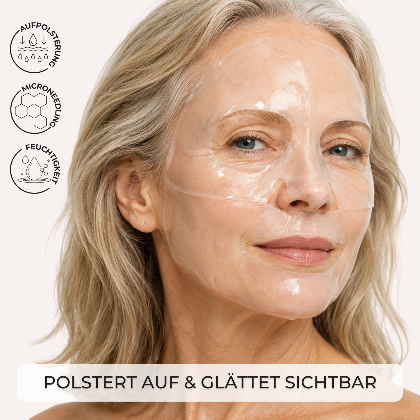 rau mit aufgelegter Kollagen Hydrogel Maske für ein pralleres und glatteres Hautgefühl