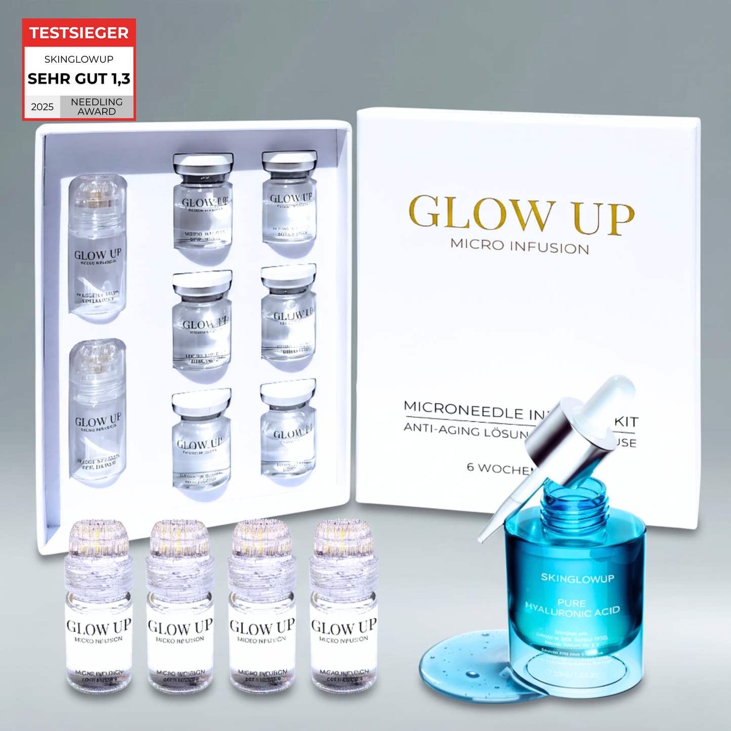 Glow Up Micro Infusion Kit für straffere Haut – 6 Anwendungen mit vergoldeten Nadeln und Serum