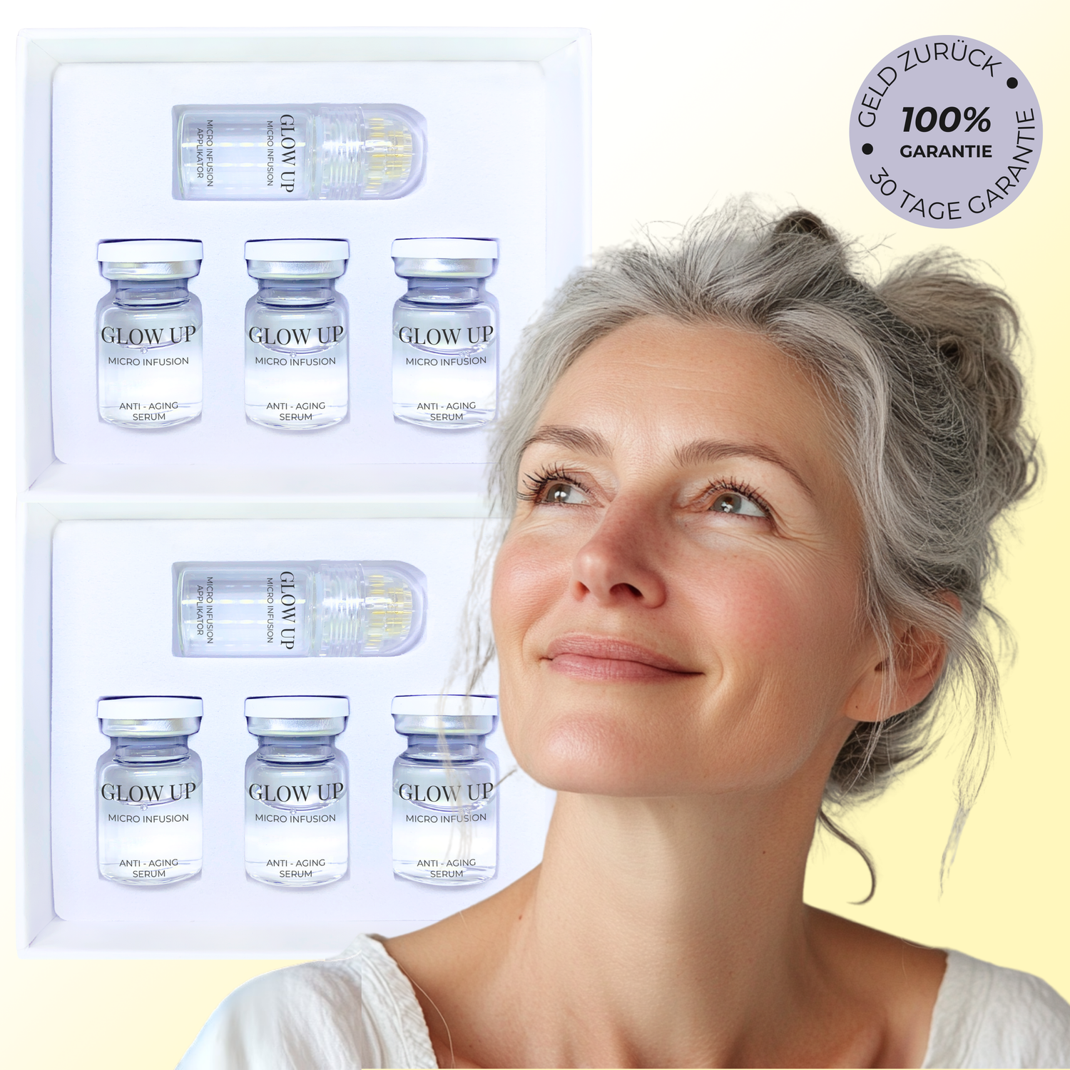 GlowUp Micro Infusion Kit mit zufriedener Kundin, Anti-Aging Behandlung für zuhause