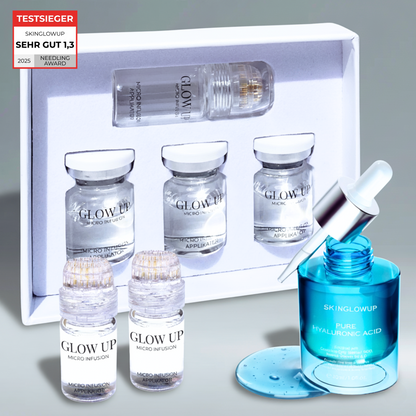 Micro Infusion System 3-Wochen-Kur – Glow Up Set mit vergoldeten Nadeln und Hyaluron Serum für Faltenreduzierung