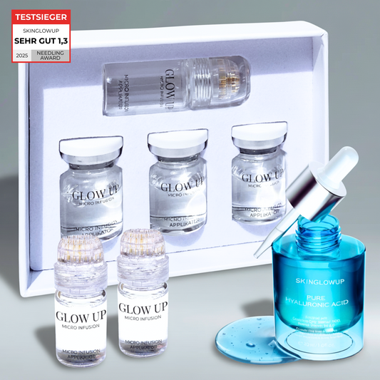 Micro Infusion System 3-Wochen-Kur – Glow Up Set mit vergoldeten Nadeln und Hyaluron Serum für Faltenreduzierung