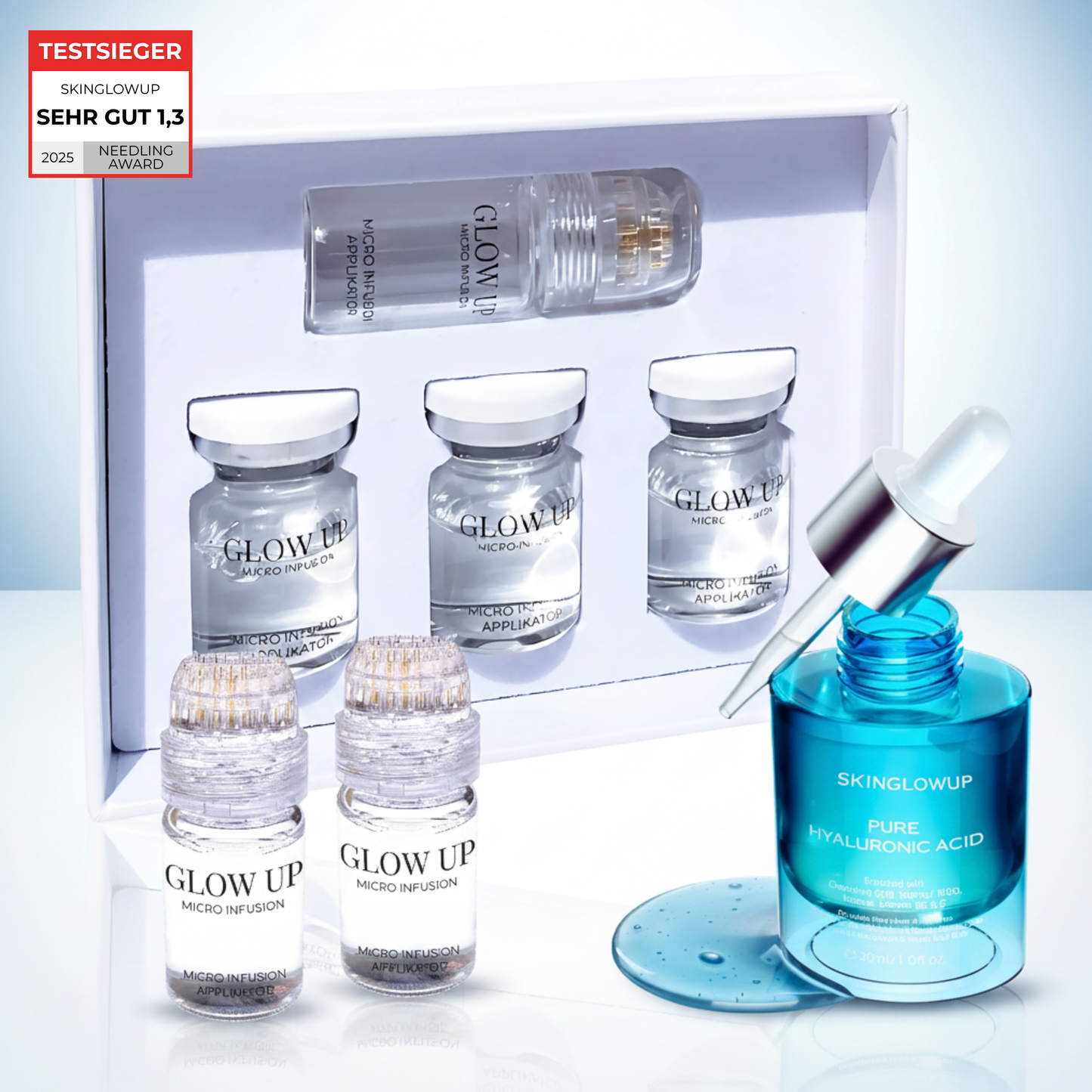 Micro Infusion System 3-Wochen-Kur – Glow Up Set mit vergoldeten Nadeln und Hyaluron Serum für Faltenreduzierung