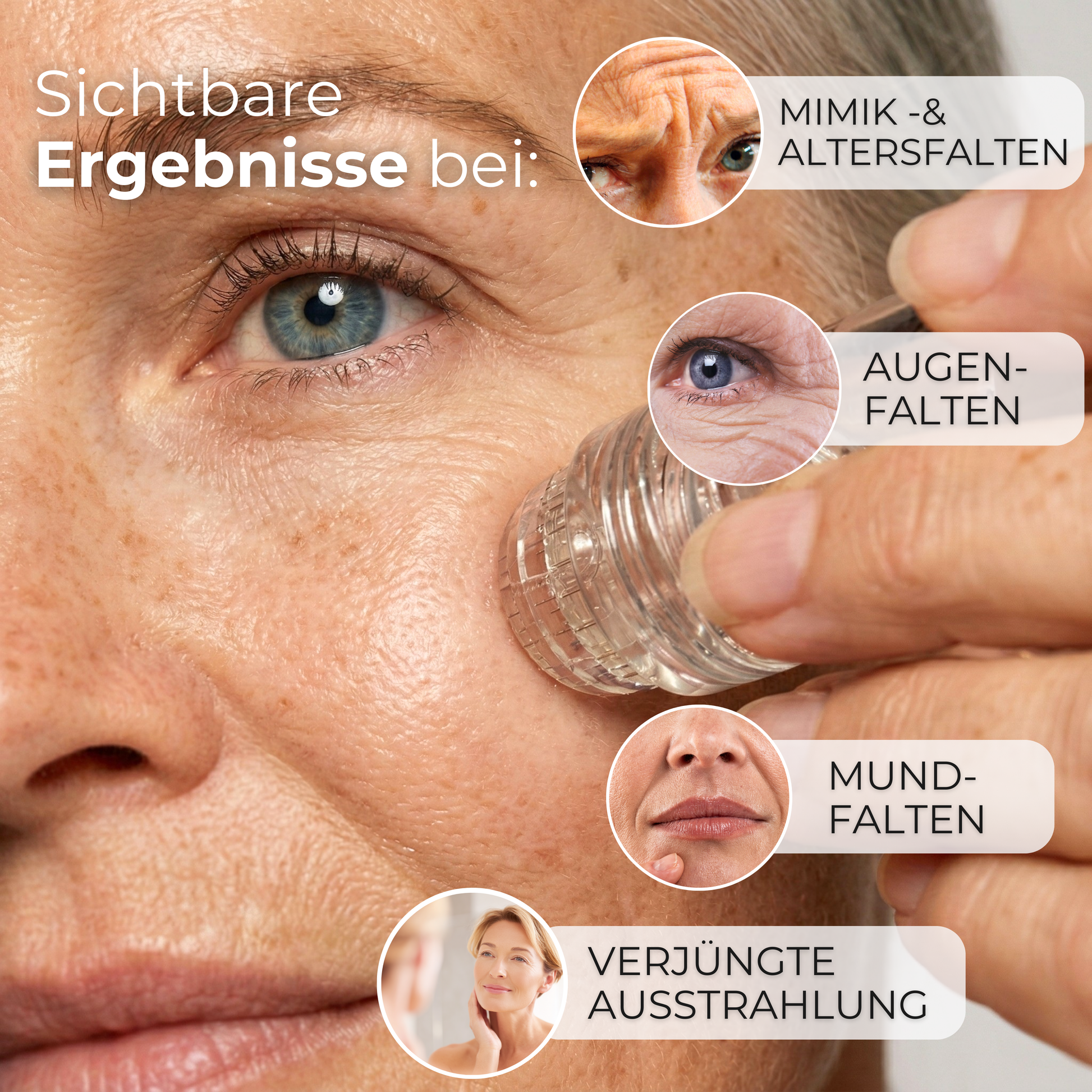 Micro Infusion System Anwendung bei Augenfalten, Mimikfalten, Mundfalten, müder Haut sowie Hals & Dekolleté – Frau zeigt Peptid Serum
