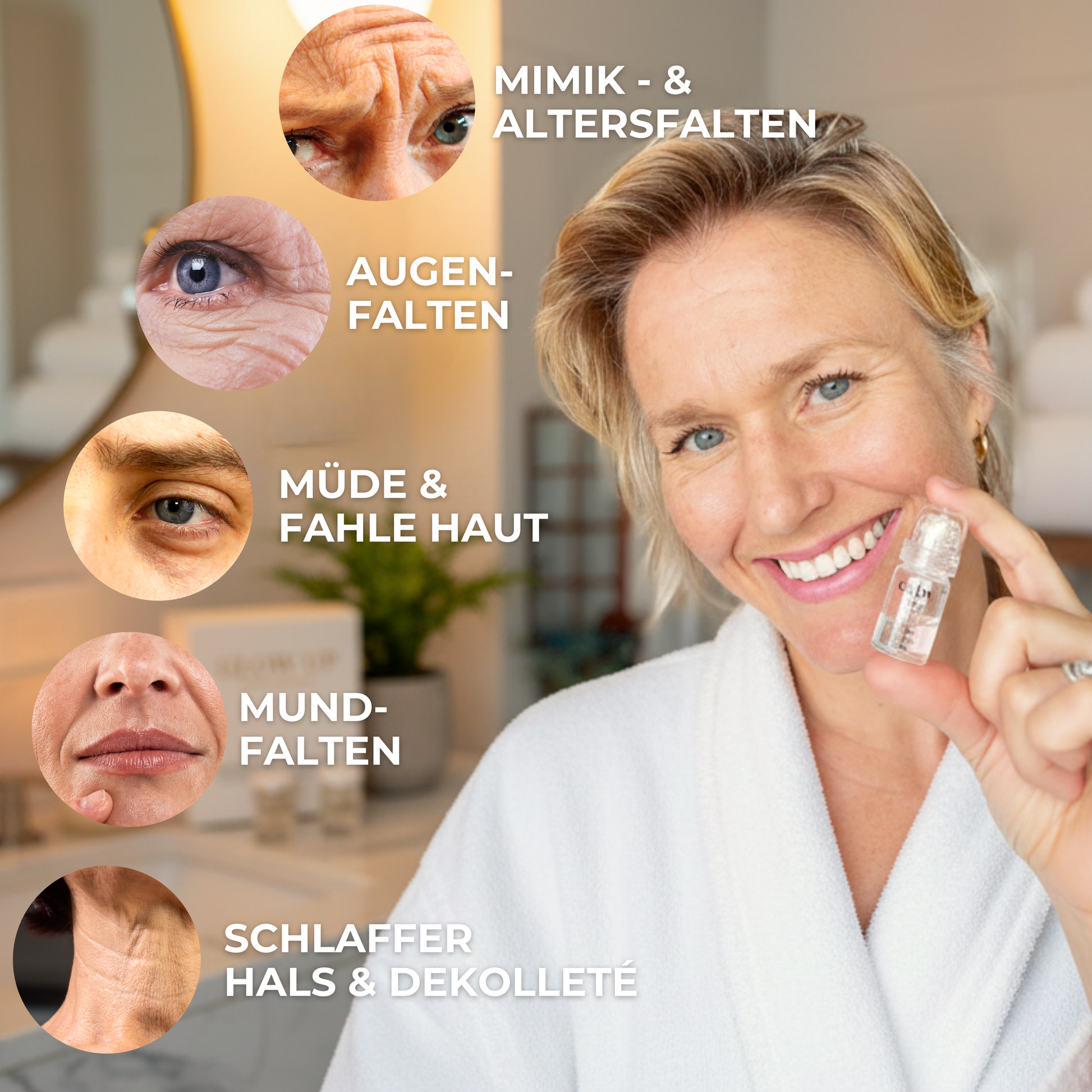 Micro Infusion System Anwendung bei Augenfalten, Mimikfalten, Mundfalten, müder Haut sowie Hals & Dekolleté – Frau zeigt Peptid Serum