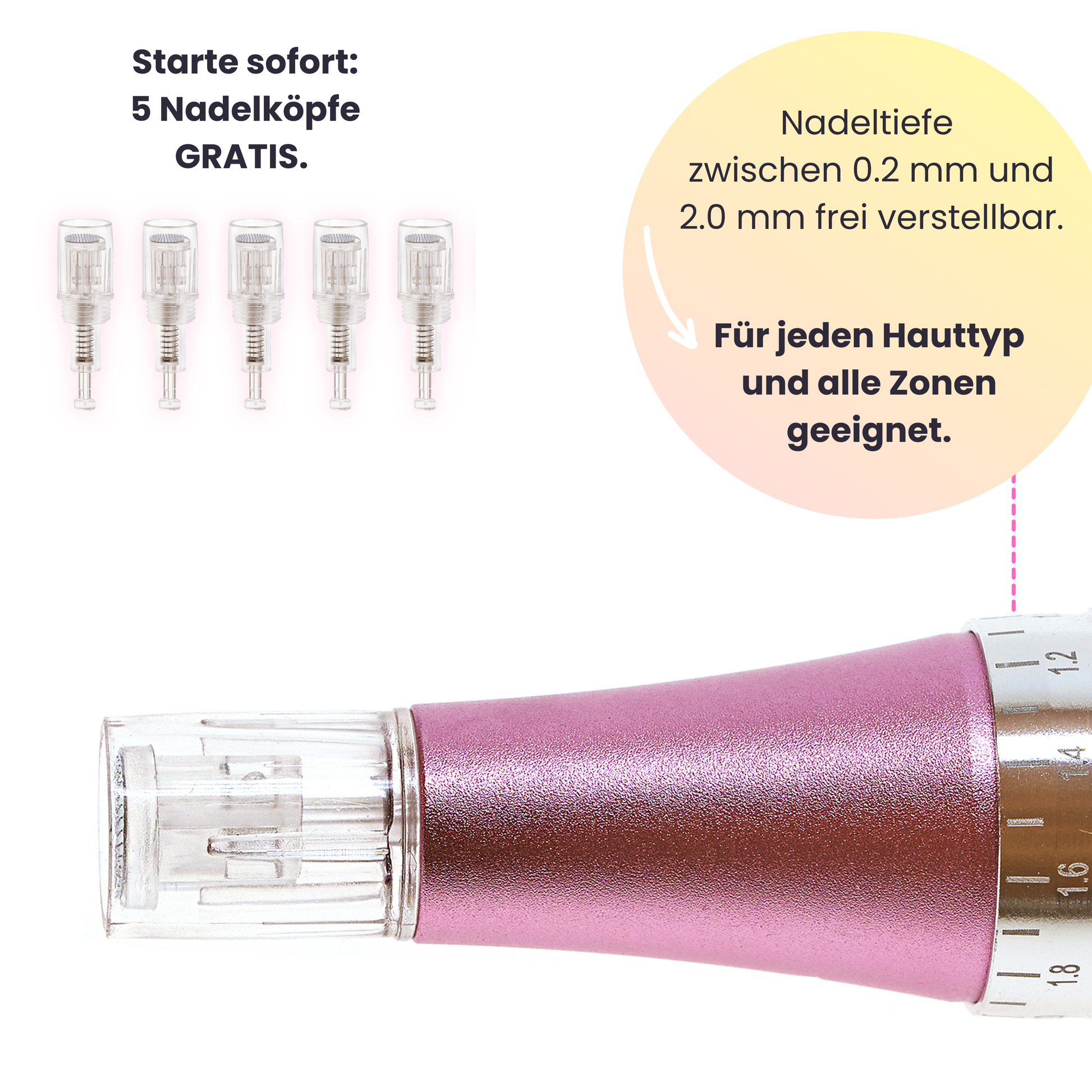 Micro Pen in der Nahaufnahme. Die Intensität ist individuell einstellbar. Im Lieferumfang sind 5 hygienisch verpackte Applikator-Köpfe enthalten.