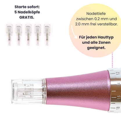 Micro Pen in der Nahaufnahme. Die Intensität ist individuell einstellbar. Im Lieferumfang sind 5 hygienisch verpackte Applikator-Köpfe enthalten.