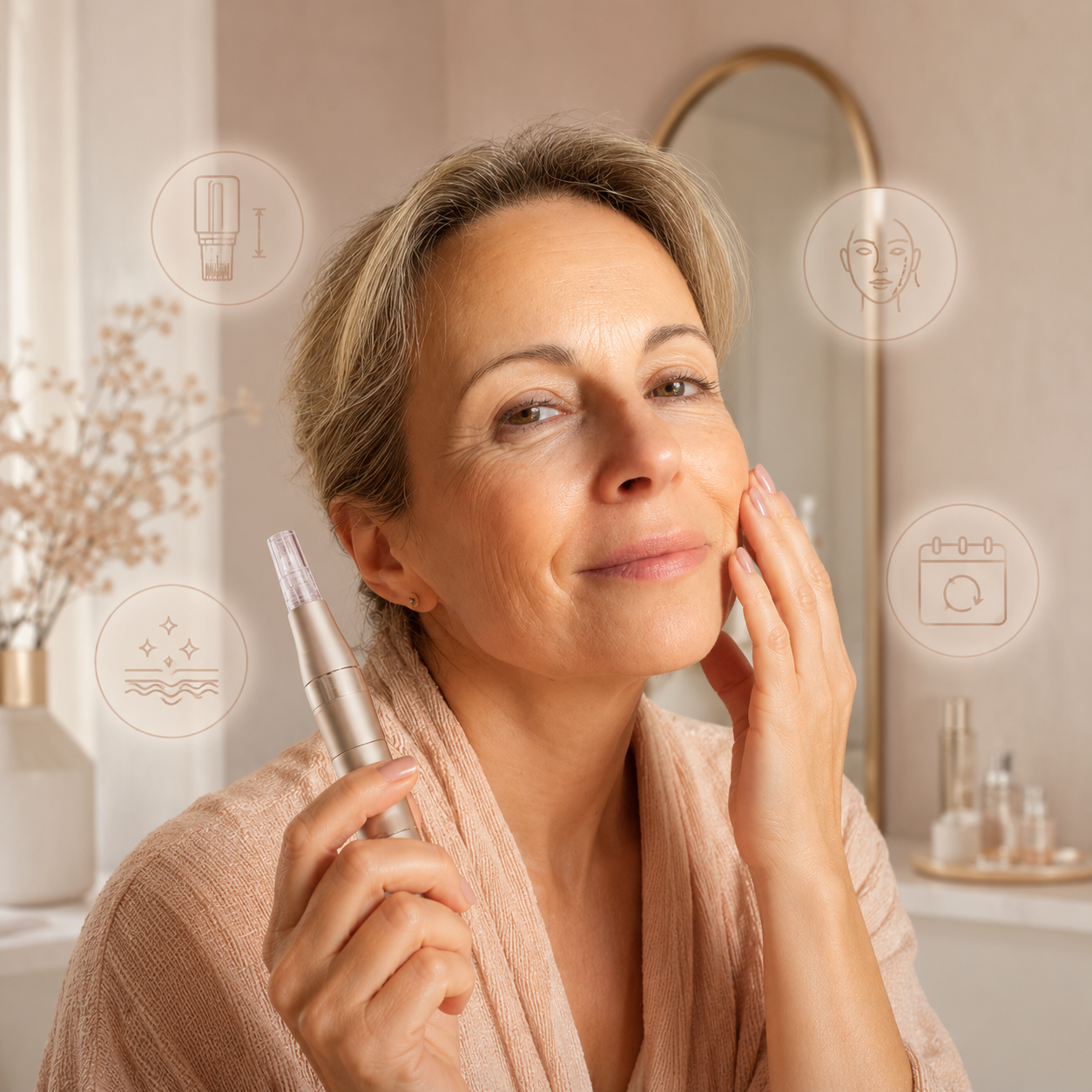 Frau mit Dermapen zeigt Einflussfaktoren auf die Microneedling-Häufigkeit wie Nadeltiefe, Hautbereich, Hautzustand und Regeneration