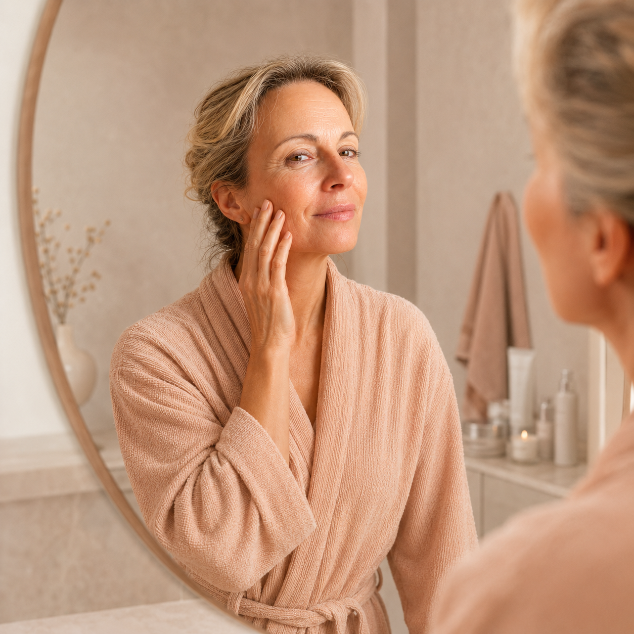 Frau prüft im Spiegel, ob ihre Haut für die nächste Microneedling-Anwendung vollständig regeneriert ist