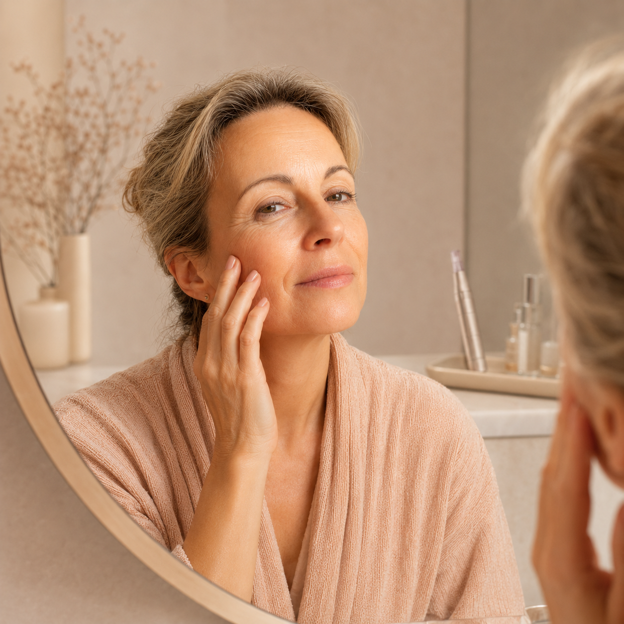 Frau prüft im Spiegel, ob ihre Haut nach dem Microneedling vollständig regeneriert ist
