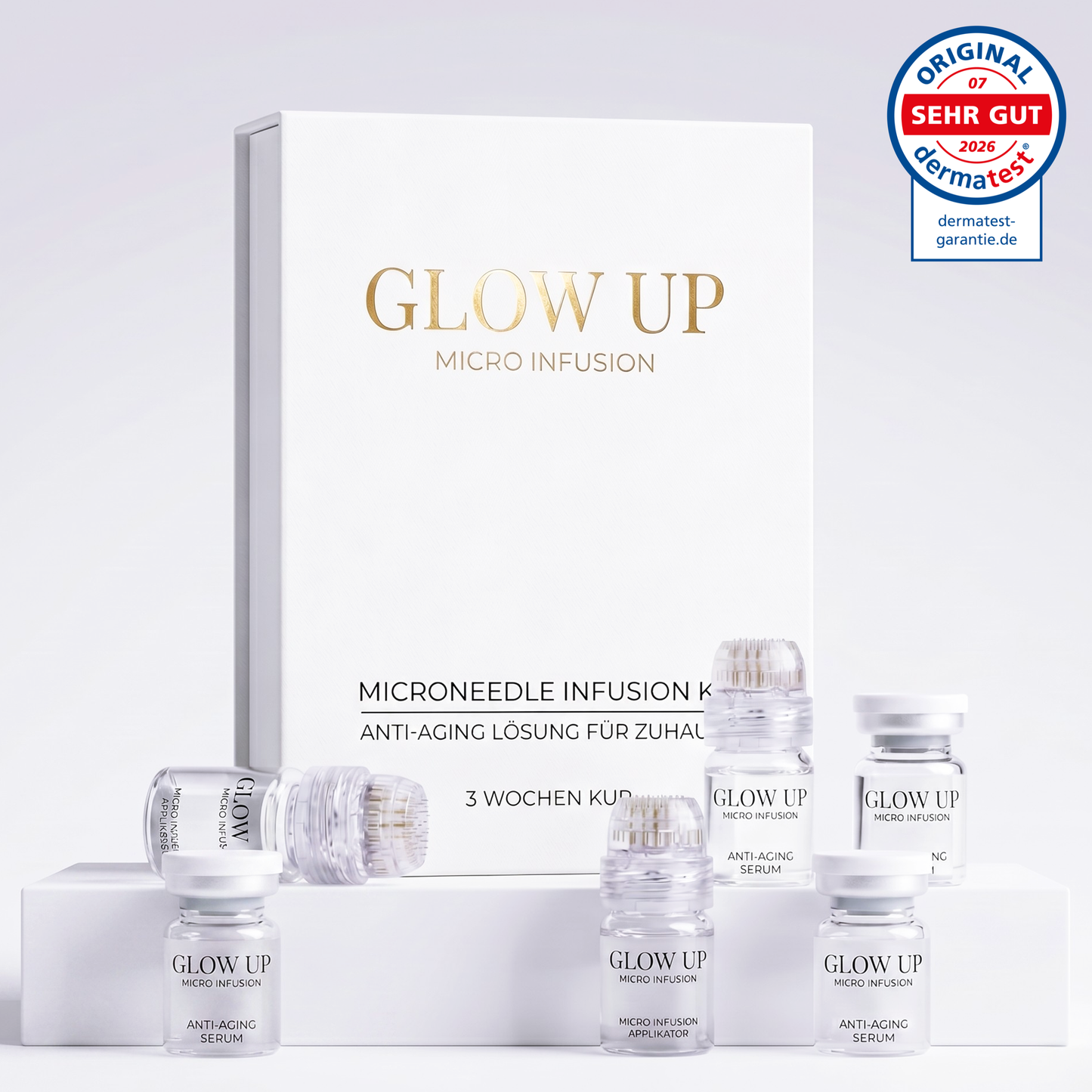 Micro Infusion System 3-Wochen-Kur – Glow Up Set mit vergoldeten Nadeln und Hyaluron Serum für Faltenreduzierung