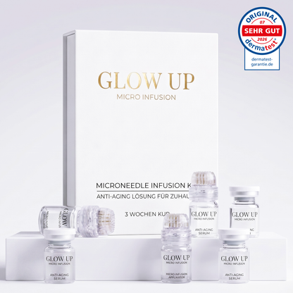 Micro Infusion System 3-Wochen-Kur – Glow Up Set mit vergoldeten Nadeln und Hyaluron Serum für Faltenreduzierung