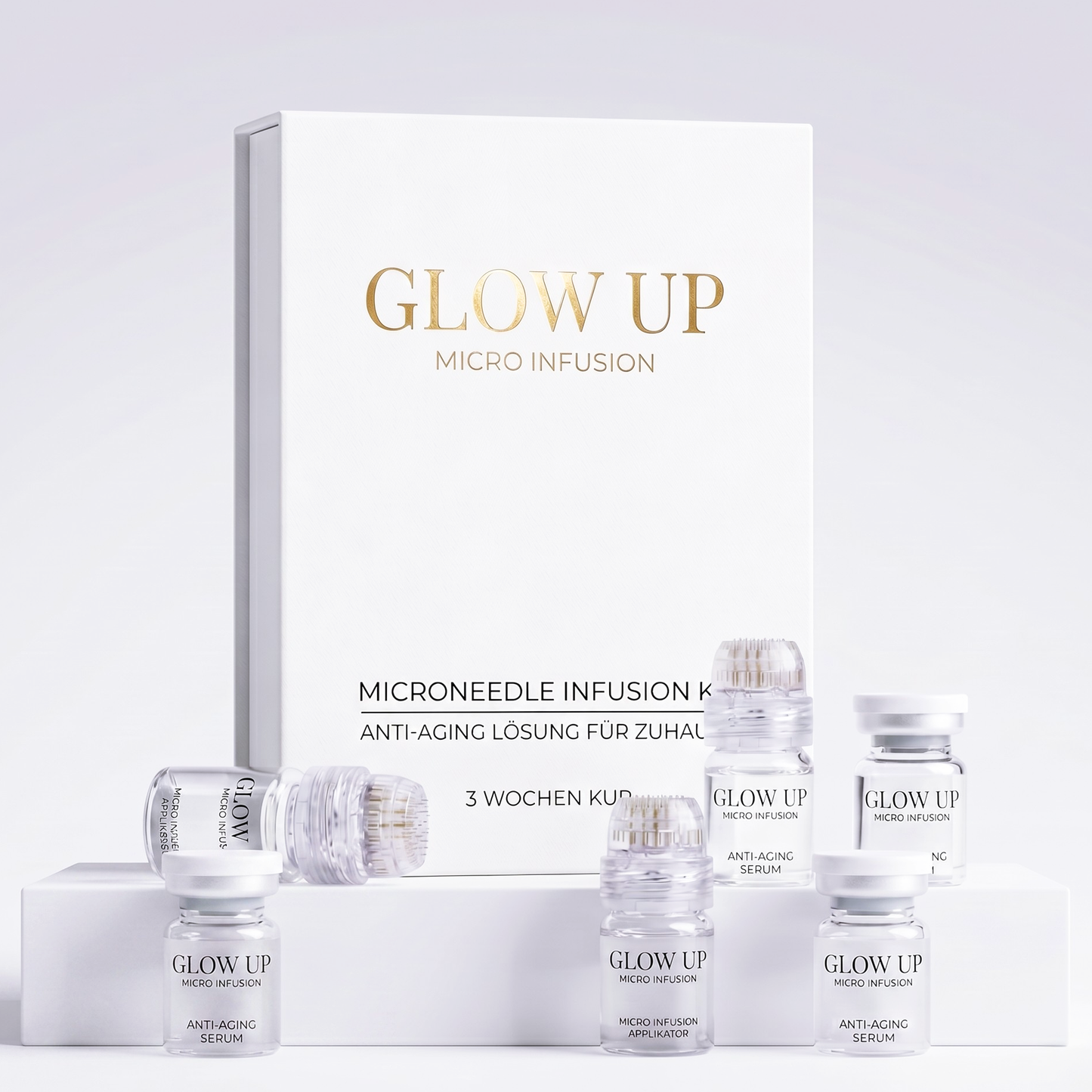 Micro Infusion System 3-Wochen-Kur – Glow Up Set mit vergoldeten Nadeln und Hyaluron Serum für Faltenreduzierung