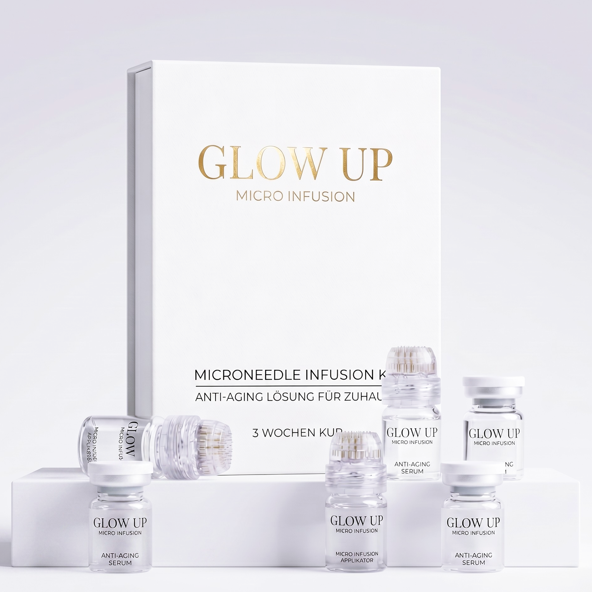 Micro Infusion System 3-Wochen-Kur – Glow Up Set mit vergoldeten Nadeln und Hyaluron Serum für Faltenreduzierung