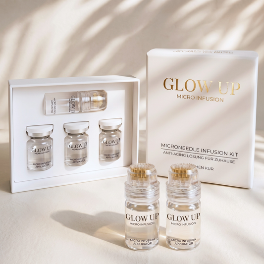 Micro Infusion System 3-Wochen-Kur – Glow Up Set mit vergoldeten Nadeln und Hyaluron Serum für Faltenreduzierung