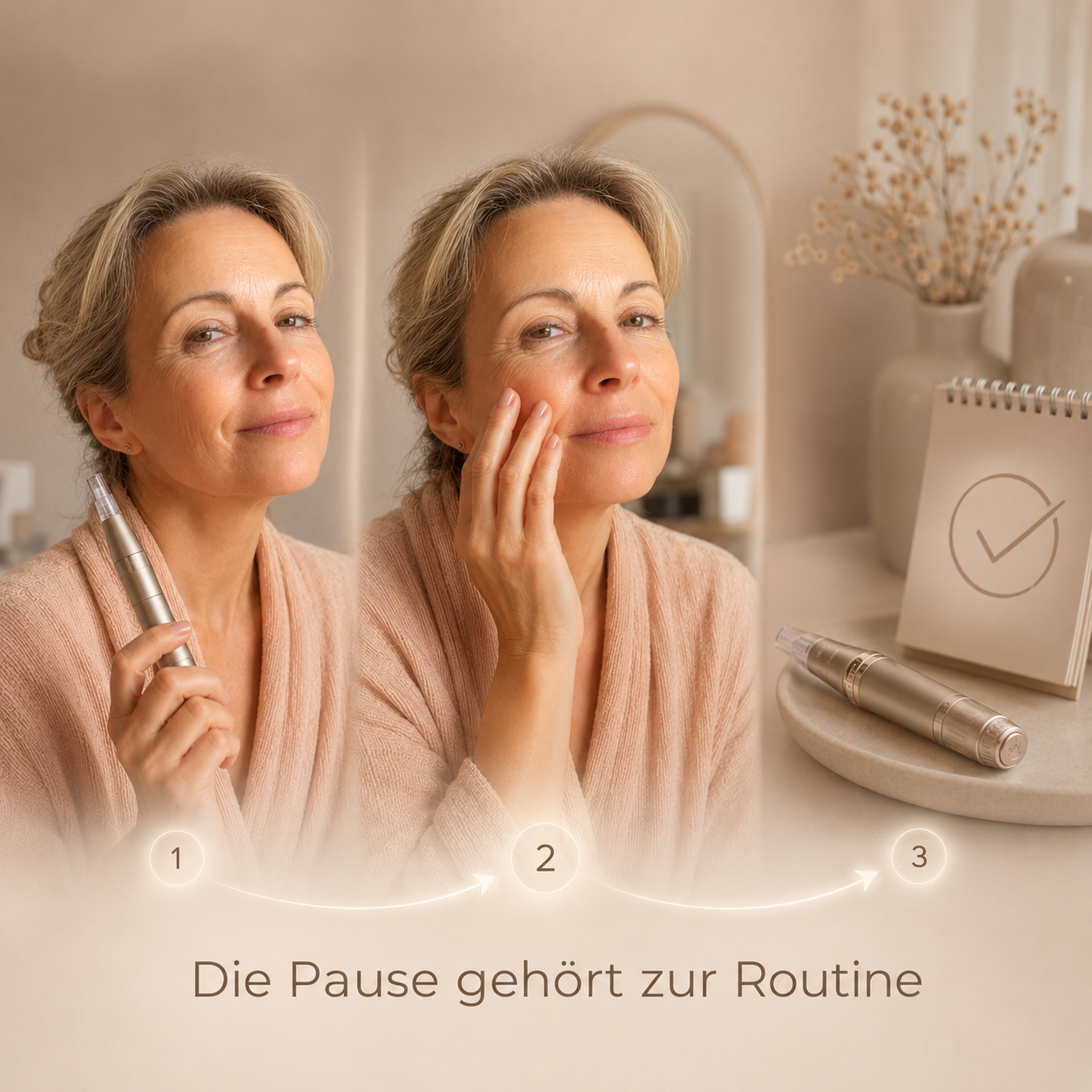 Frau zeigt die Microneedling-Routine mit Anwendung, Regenerationspause und nächstem Behandlungstermin
