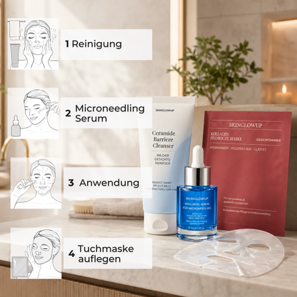 Anwendung Schritt für Schritt: Reinigung, Serum auftragen, Microneedling, Tuchmaske auflegen