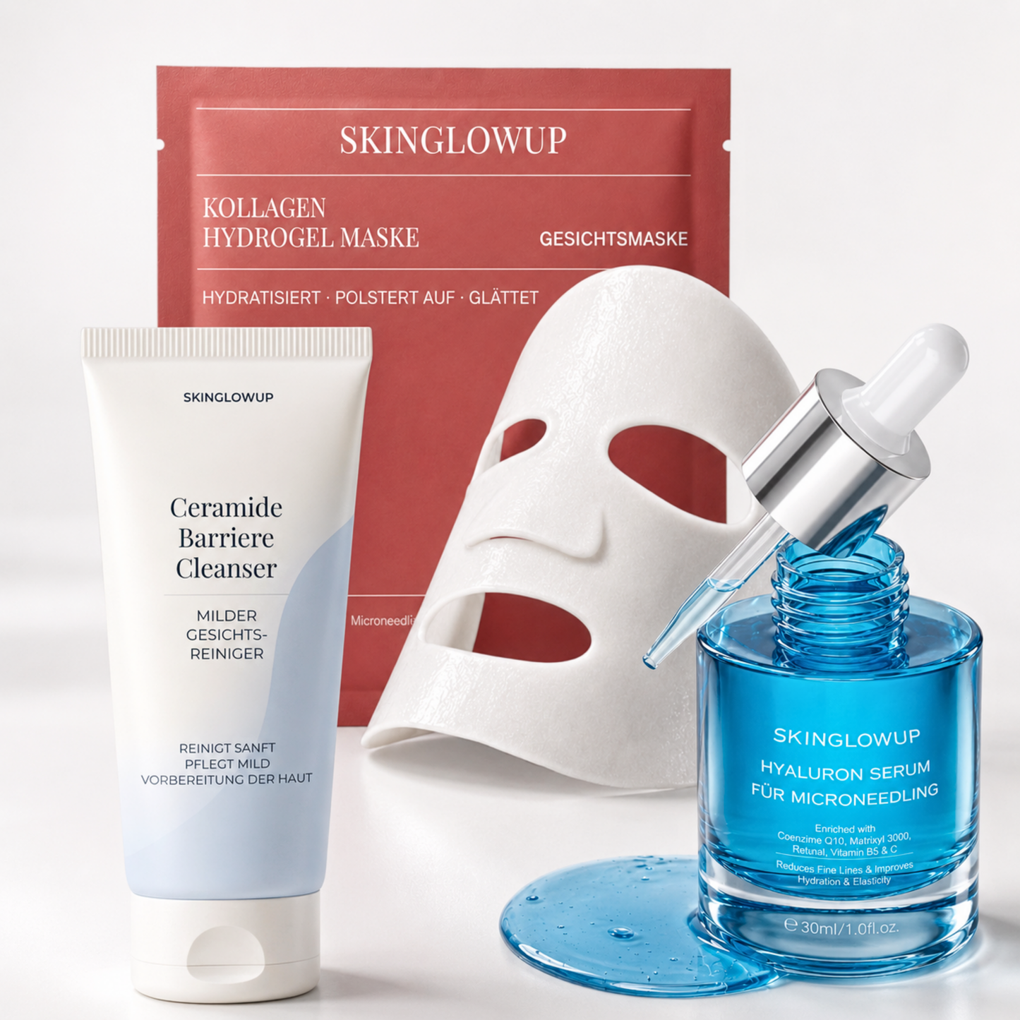 Microneedling Pflege Set mit Ceramide Cleanser, Hyaluron Serum und Kollagen Hydrogel Maske
