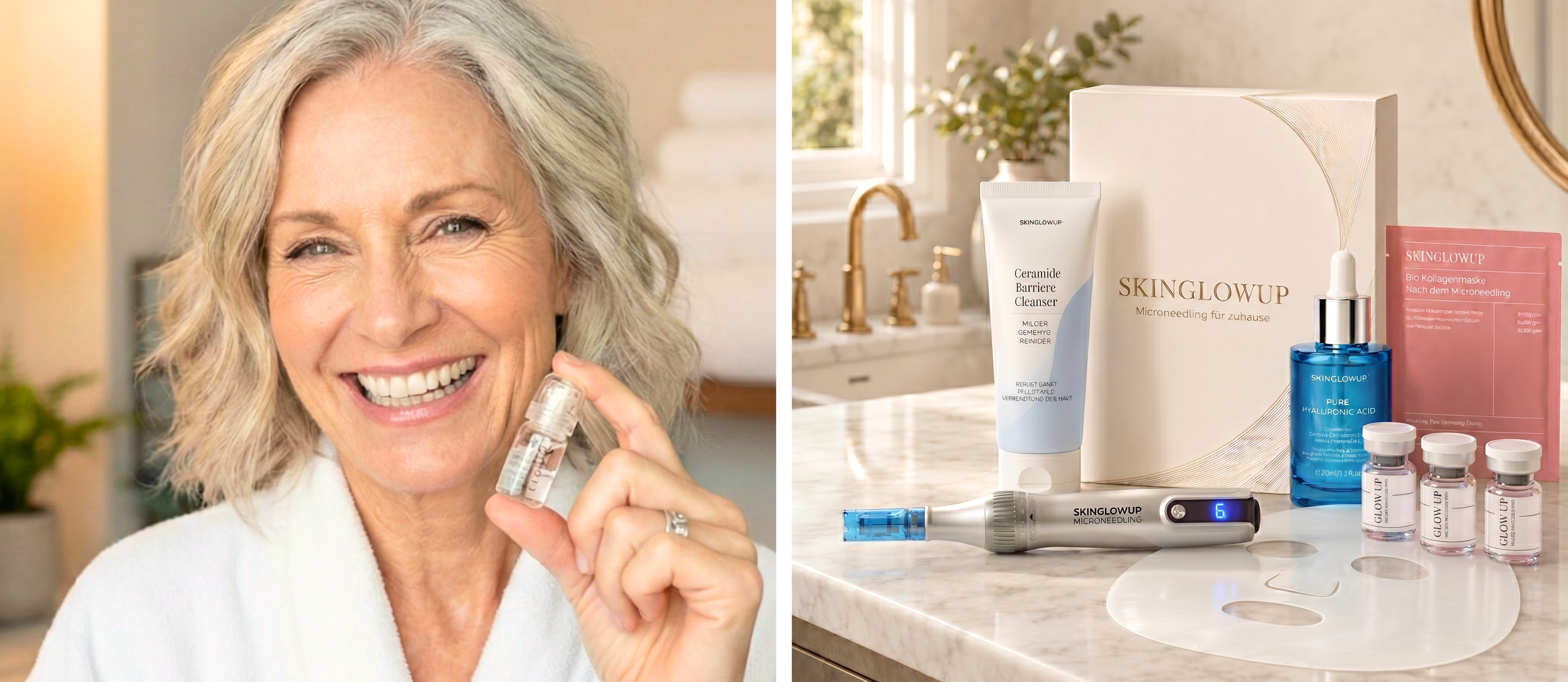 Microneedling Pflege Produkte von SkinGlowUp im Badezimmer zuhause_ Ceramide Cleanser, Hyaluron Serum, Hydrogel Masken, Micro Infusion Serum