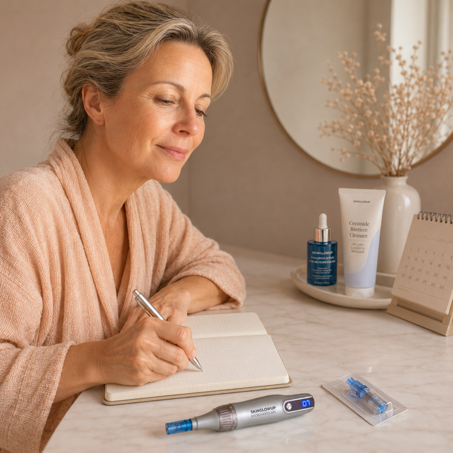 Frau dokumentiert ihre Microneedling-Anwendung mit Dermapen, Nadelaufsatz, Kalender und Hautpflegeprodukten